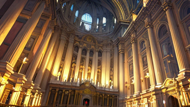 background inside St. Peter's Basilica in Vatican City, children's book style, simple, fullcolor, 2d background, center stage,, ancient basilica, 1600s, highly detailed,masterpiece,photorealistic,vibrant colors,warm lighting,classical architecture,front view of the construction