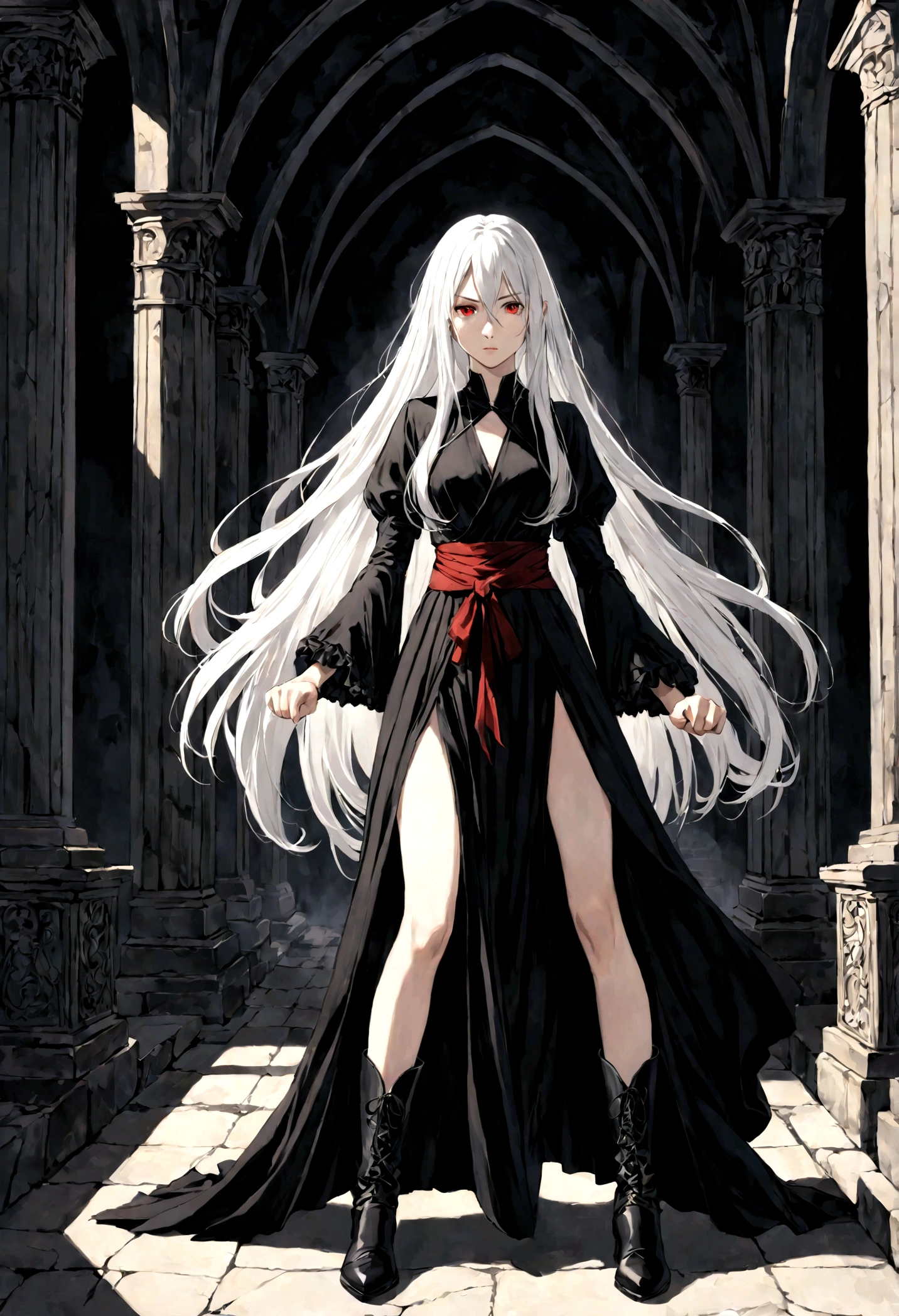 Girl, 20 years old, with long white hair down to below her waist, a serious yet tender expression, and red eyes. Her hair features black streaks. She wears antique-style clothing, a long black dress with a slit on the legs, and high black boots that almost reach her knees. Her power and background are related to shadows and darkness. dark escense, figth stance, detailed