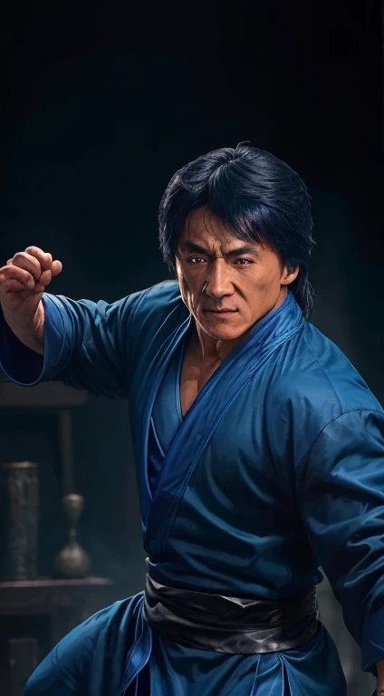 actor ((Jackie Chan)) Shang Tsung, Mortal Kombat, ((old)), spooky, ((beard)), Dark blue long robe, Green transparent soul on background, complicated, High detail, Sharp focus, dramatic, Photorealistic Paintings by Greg Rutkowski, Being drunk, Kick,((Fighting Pose)),((has a blue aura)),