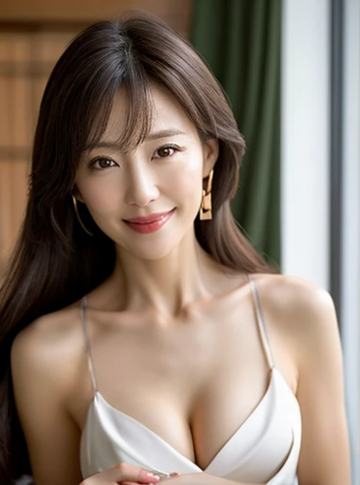 One girl, SHIRANUI MAI, Brown Hair, Brown eyes, alone, naked ribbon, gift, ponytail, View Viewer, ribbon, box, Holding, Cleavage, gift box, lips, clavicle, parted lips, Place your hand on your chest, smile, Exposing shoulders, Long Hair, Revealing clothing, Huge breasts,Shiny,(Mature Woman:1.2),