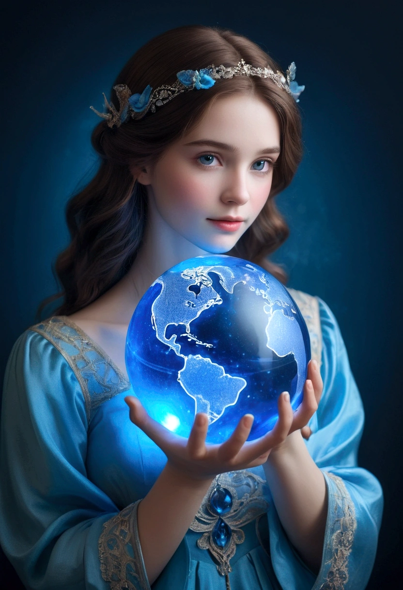 a woman, holding a blue globe with care, cute, feminine, luminescence, fantasy,