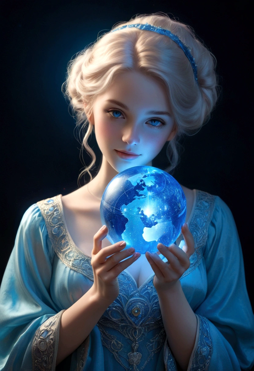 a woman, holding a blue globe with care, cute, feminine, luminescence, fantasy,