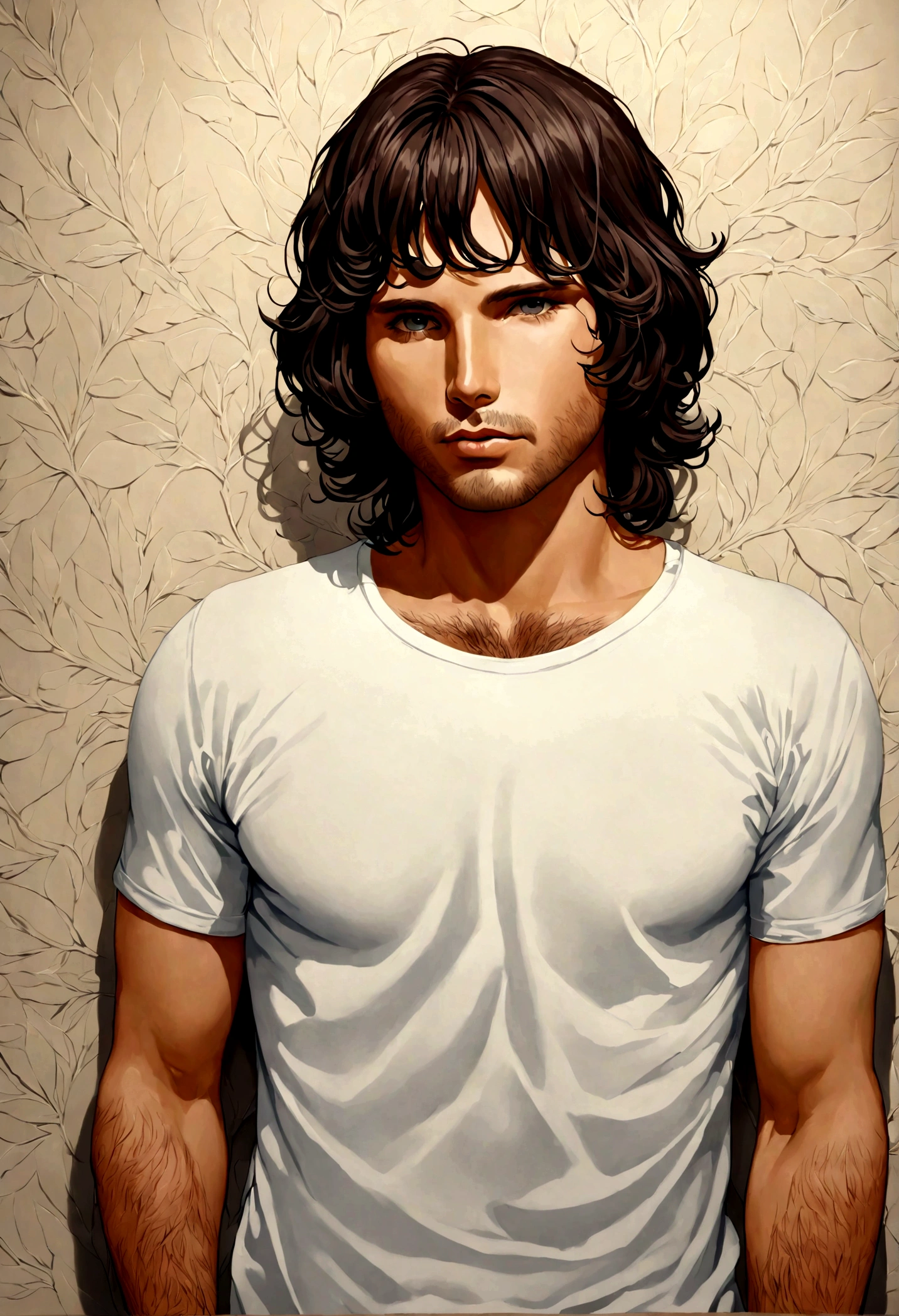 (Camiseta blanca para hombre), ), (con una barba corta,) Aspecto atractivo y serio, Dark brown hair, Elegante y con estilo, Camiseta de cuerpo fuerte afeitada, Un hombre similar al actor Jim Morrison, (Imagen realista y de alta calidad), Apartamento escandinavo en el fondo con pintura de pared azul, ((La mejor calidad, 8K, obra maestra).