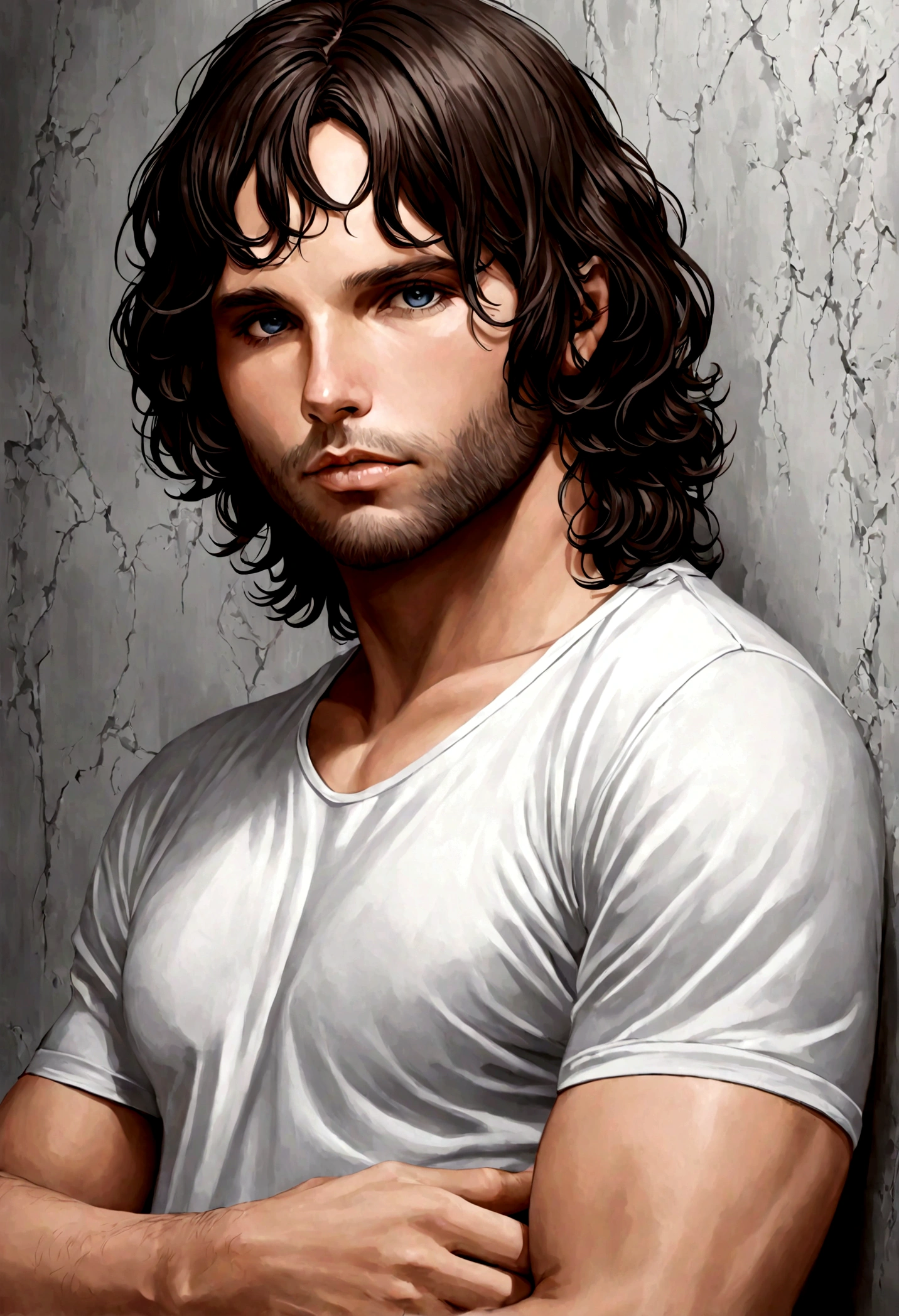 (Camiseta blanca para hombre), ), (con una barba corta,) Aspecto atractivo y serio, Dark brown hair, Elegante y con estilo, Camiseta de cuerpo fuerte afeitada, Un hombre similar al actor Jim Morrison, (Imagen realista y de alta calidad), Apartamento escandinavo en el fondo con pintura de pared azul, ((La mejor calidad, 8K, obra maestra).