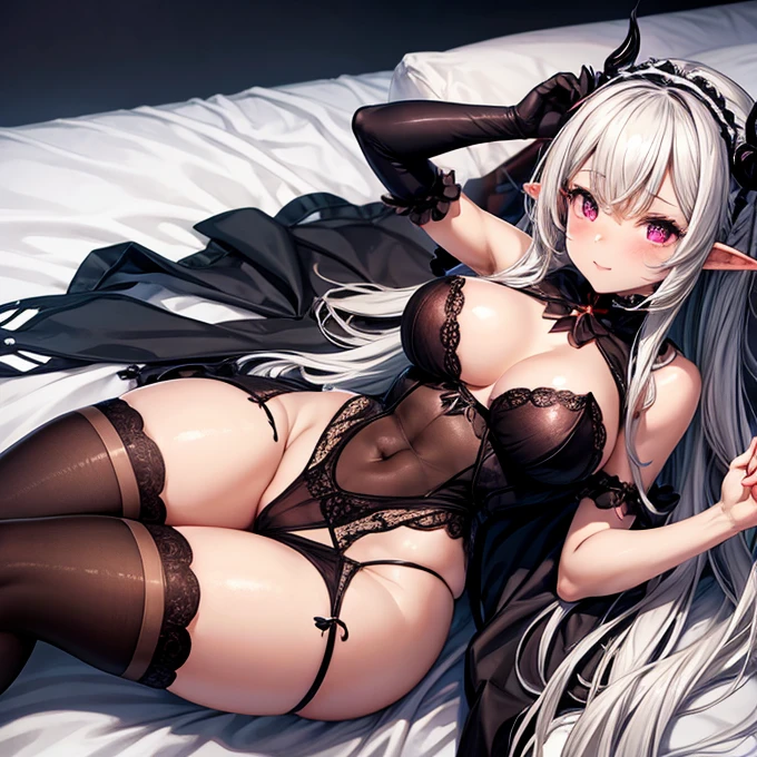 Maid clothes　Half dark elf and half succubus　Alluring thighs　Knee-high socks　Large Breasts　Brown Skin