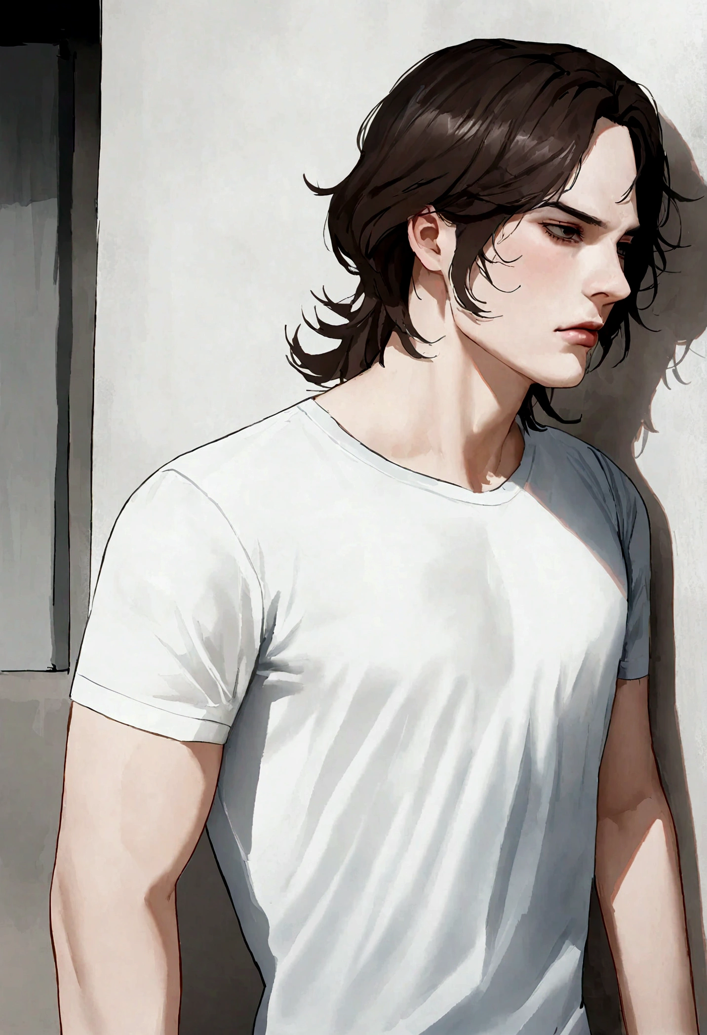 (Camiseta blanca para hombre), ), (con poca barba,) Aspecto atractivo y serio, Dark brown hair, Elegante y con estilo, Camiseta de cuerpo fuerte afeitada, Un hombre similar al actor Jim Morrison, (Imagen realista y de alta calidad), Apartamento escandinavo en el fondo con pintura de pared azul, ((La mejor calidad, 8K, obra maestra).
