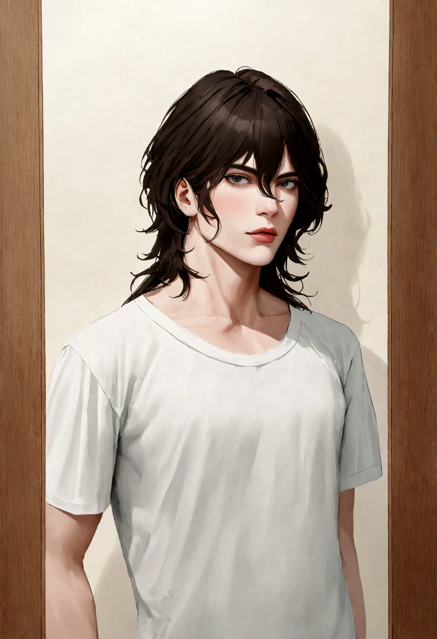 (Camiseta blanca para hombre), ), (con poca barba,) Aspecto atractivo y serio, Dark brown hair, Elegante y con estilo, Camiseta de cuerpo fuerte afeitada, Un hombre similar al actor Jim Morrison, (Imagen realista y de alta calidad), Apartamento escandinavo en el fondo con pintura de pared azul, ((La mejor calidad, 8K, obra maestra).
