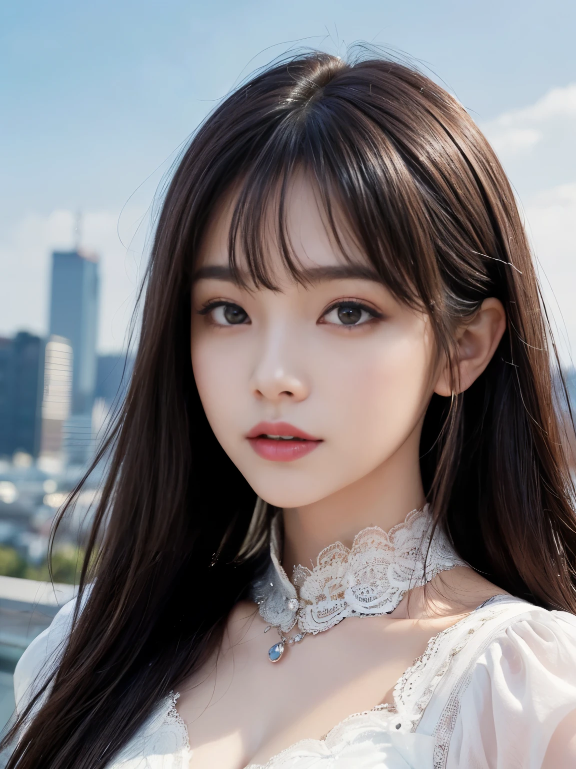 ((Realistic lighting, highest quality, 8k, masterpiece:1.3)), (Lock focus:1.2), 1 girl, Beautiful woman with perfect figure:1.4, : Beautiful Korean Girl, K-Pop Idols,Leg Length,(Pale skin), (Big eyes),(smile:0.8),(Plump, sexy lips), Complex and elaborate face, ((Very delicate skin)),Delicate face,Ultra-thin face,Narrow eyes,double eyelid,((Dark brown long hair、bangs)), (White lace puff sleeves:1.4),Background: Shibuya cityscape,Emphasize,Ultra-thin face,Narrow eyes,double eyelid,(Let's start from the bottom:1.manner,(Mid-chest:1.2),Sexy long legs, (Thigh Gap:1.5),Wide Hips,S-shaped body, Lifted my butt,Leg Length,(((Skinny denim pants))),Photographed from the front,Over-the-knee leather boots,