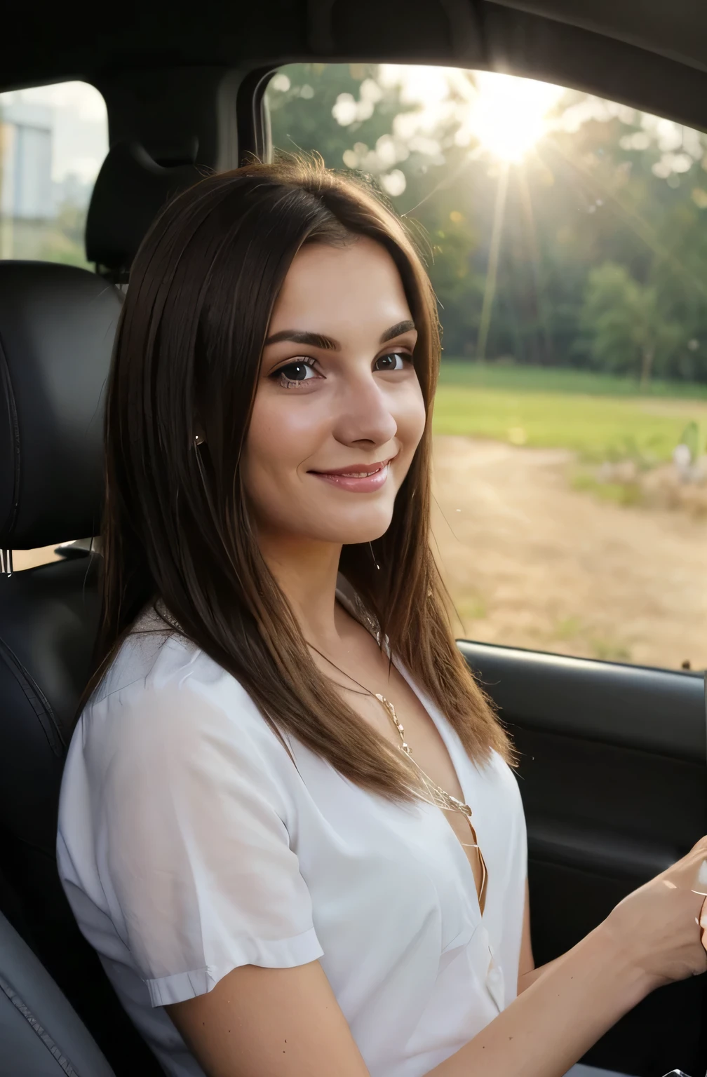 brunette 29 year old smiling woman in miniskirt dress sitting in car