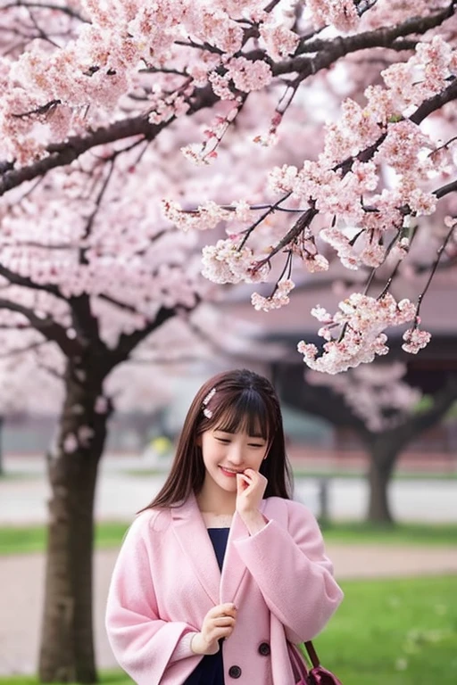 Beautiful pink cherry blossom tree, the flowers can be clearly seen. The rain is falling in the morning.