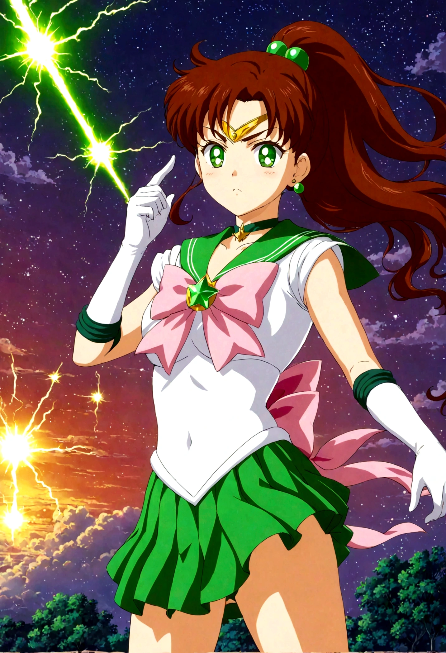 Sailor Jupiter bringing the thunder! masterpiece, best quality, 1girl, solo, looking at viewer, facing viewer, night, anime screencap,1990s \(style\), (art by Naoko Takeuchi), EPsmSailorJupiter, green eyes, brown hair, long hair, ponytail, hair ornament, hair bobbles, brooch, heart brooch, jewelry, tiara, choker, green choker, star choker, skirt, green skirt, pleated skirt, bow, back bow,  pink bow,  gloves, white gloves, elbow gloves, earrings, sailor collar, star (symbol), green sailor collar, sailor senshi uniform, cleavage, angry face, fighting pose, lighting bolts shooting from her tiara