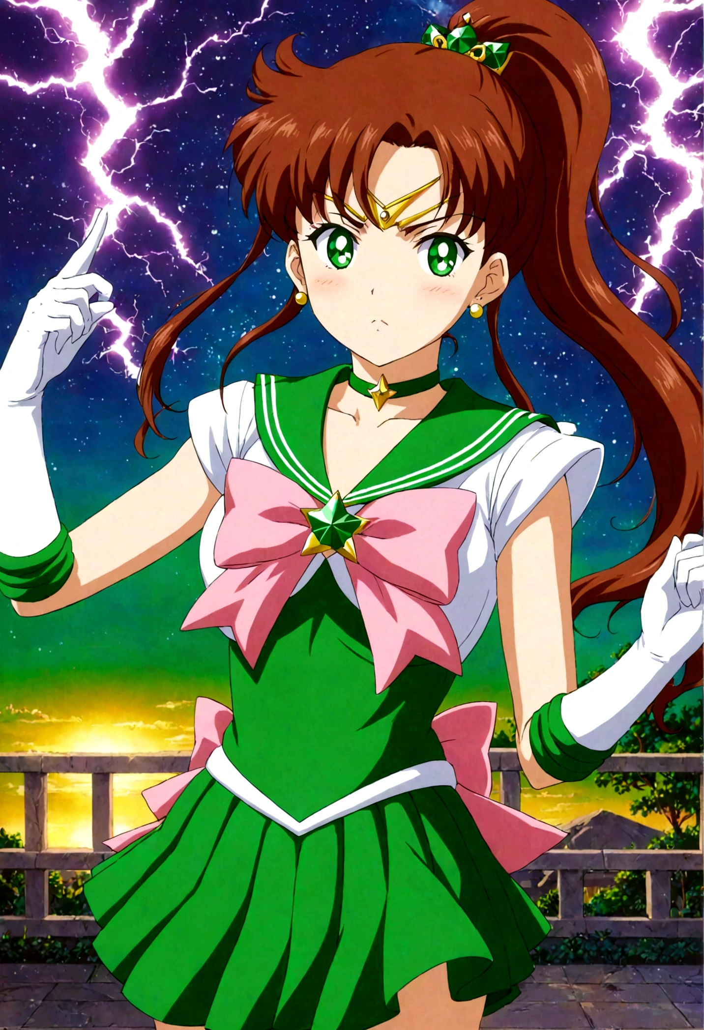 Sailor Jupiter bringing the thunder! masterpiece, best quality, 1girl, solo, looking at viewer, facing viewer, night, anime screencap,1990s \(style\), (art by Naoko Takeuchi), EPsmSailorJupiter, green eyes, brown hair, long hair, ponytail, hair ornament, hair bobbles, brooch, heart brooch, jewelry, tiara, choker, green choker, star choker, skirt, green skirt, pleated skirt, bow, back bow,  pink bow,  gloves, white gloves, elbow gloves, earrings, sailor collar, star (symbol), green sailor collar, sailor senshi uniform, cleavage, angry face, fighting pose, lighting bolts shooting from her tiara