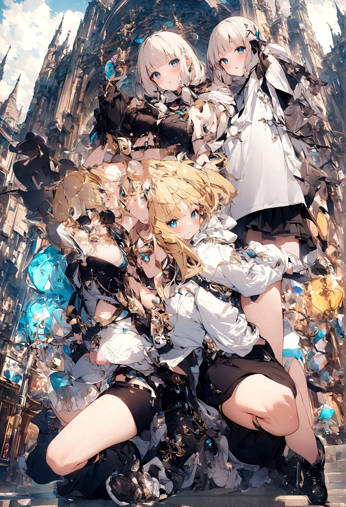 Cute Girls、Blonde Hair、Short Mash Hair、Turquoise Eyes、White hoodie、Black hot pants、Black sneakers