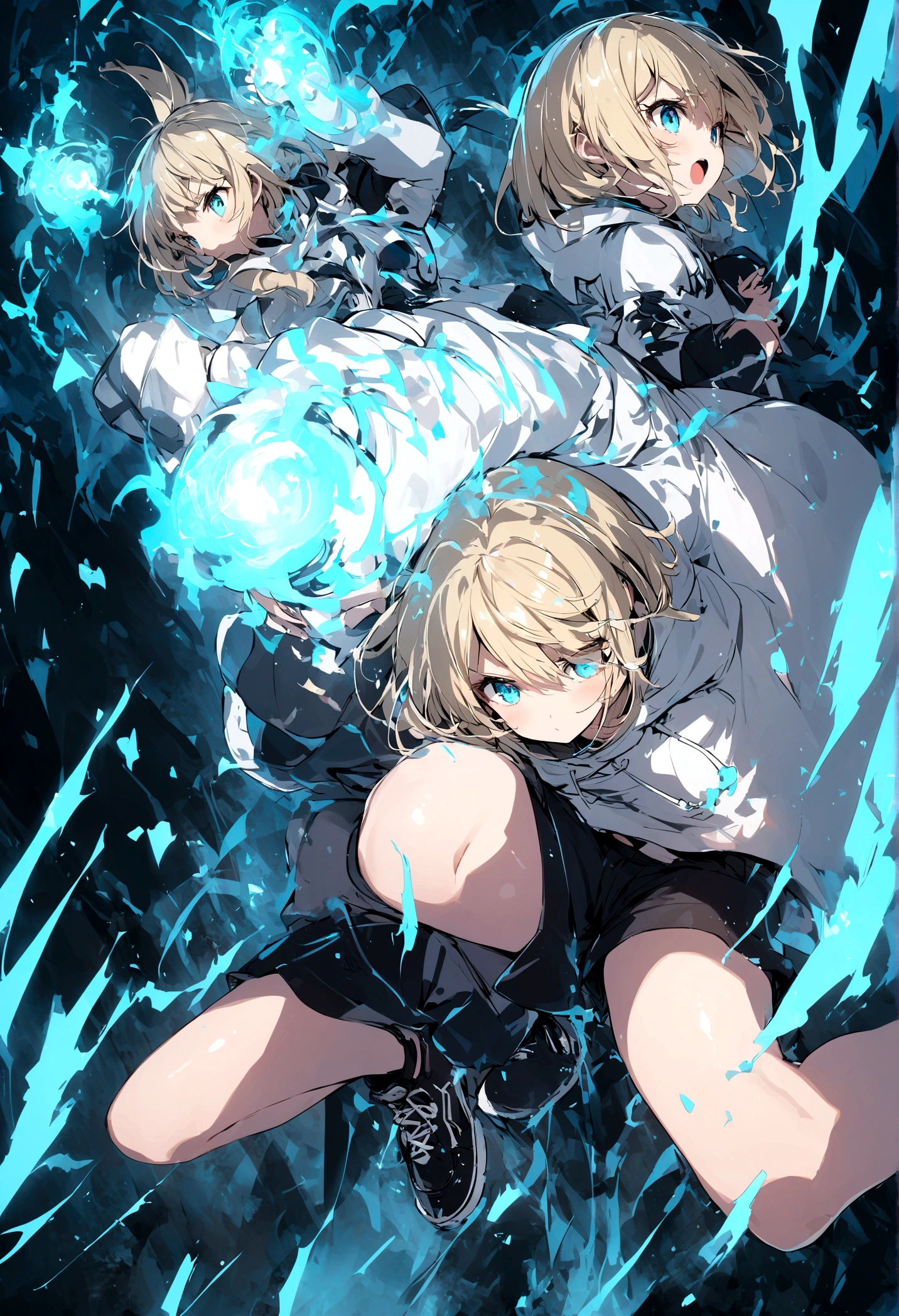 Cute Girls、Blonde Hair、Short Mash Hair、Turquoise Eyes、White hoodie、Black hot pants、Black sneakers
