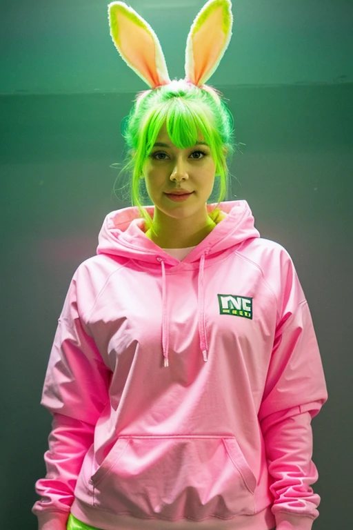 Create a female OC with the physical appearance of a pink and fluorescent green anthropomorphic rabbit.