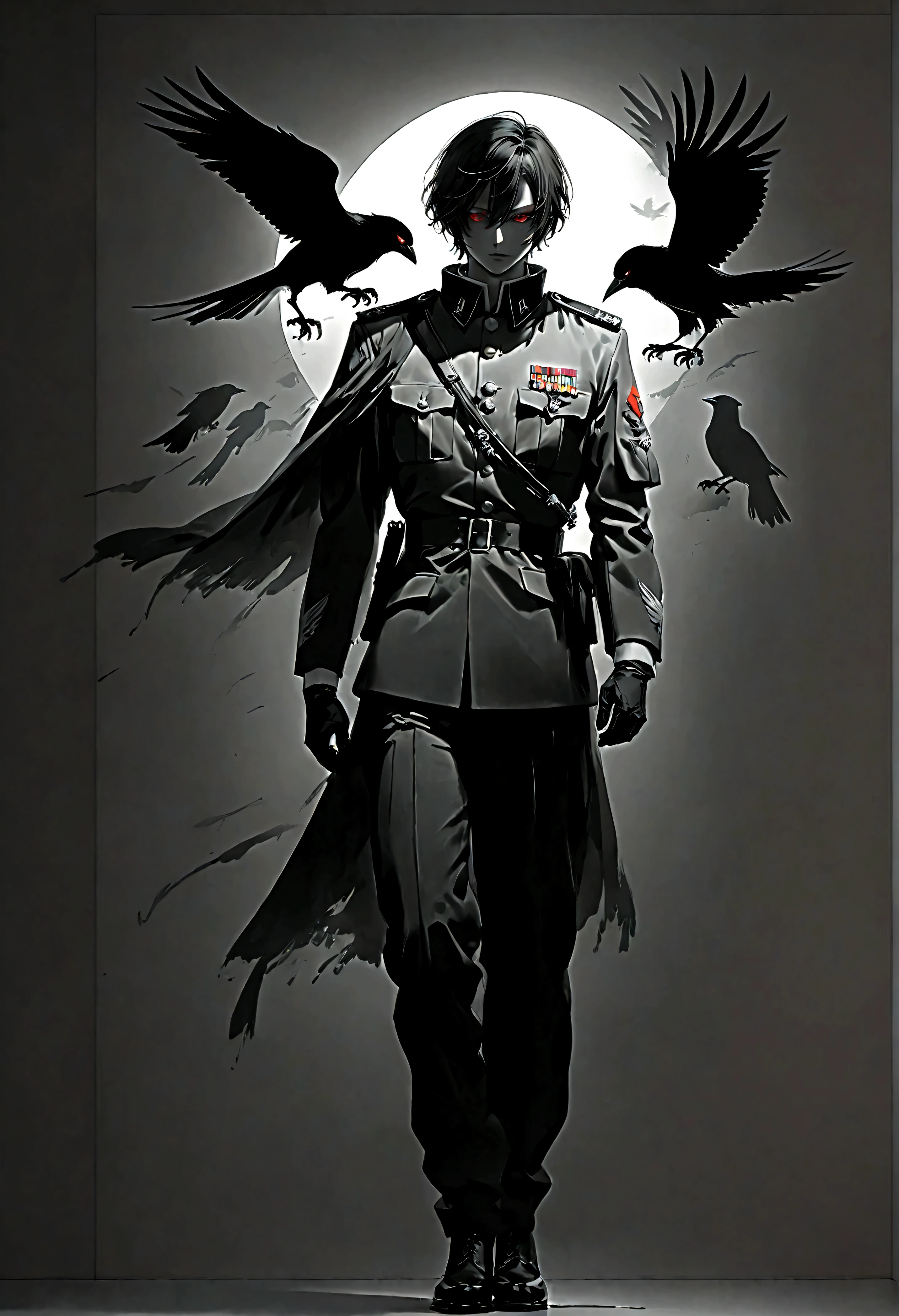 ((Full body):1.2),((Selective color):1.1), Drawing of a Karasu Tengu in Modern Military Uniform with Red Eye, silhouette of crow in background, smooth lines, fine art piece, Express expressions and postures through ink contrast, emphasize light, shadow and space. figurative art, (best quality, 4K, 8k, high resolution,masterpiece:1.2) ,(actual, photoactual, photo-actual:1.37). ((perfect_composition, perfect_design, perfect_layout, perfect_detail, ultra_detailed)), ((enhance_all, fix_everything)), More Detail, Enhance.