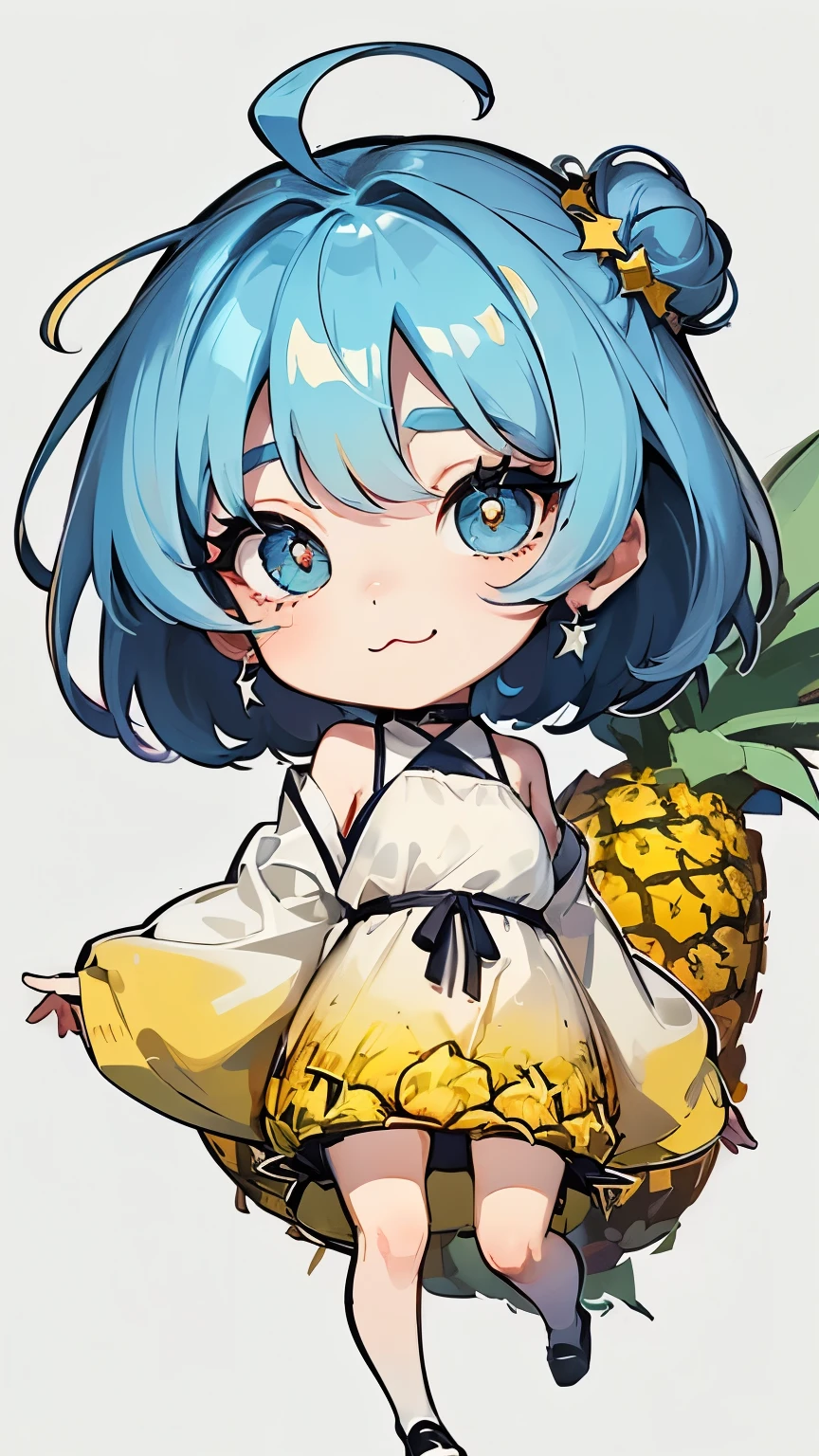 ((style:Colored pencil,pale colour)),(Chibi animation、masterpiece、Different world、Colored pencilで描かれた:1.4)、(Chibi Body、Small face、Cute all over、Light blue hair color, Short chignon hair:1.4),(eye shadow, Eyeliner:1.2),(Highly detailed eyes、Light blue eyes、The space between the eyes is narrow、Soft breast swelling、Gloss Lip、Very sharp outline、 :3, Ahoge, Symbol-shaped pupil、Very thin legs)、(Big fresh pineapple:1.4)、(Hero&#39;s Swimsuit、Hug the pineapple、Cute ribbon:1.5),(Japanese architecture,Eyes Wide Open:1.3)