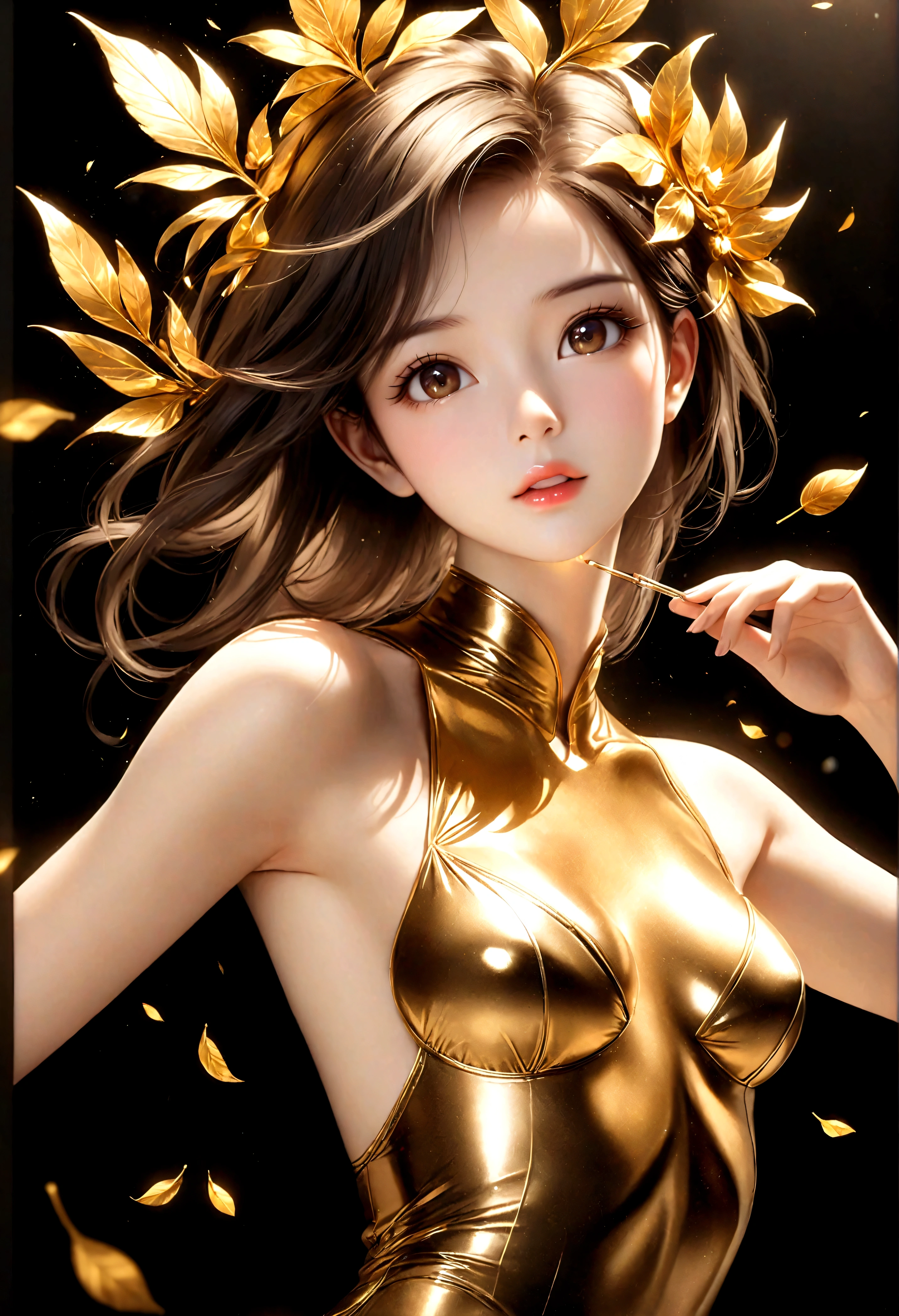 ((Masterpiece in maximum 16K resolution):1.6), ((Gold leaf art illustration:)1.5), ((Gold Leaf Art):1.4), ((Wide angle painting):1.2) | ((Gold leaf art of beautiful female illustratition:1.5), ((Supermodel beauty with aquiline nose):1.6), (Award winning art), ((sense of desire):1.1), (shimmer), (visual experience), (Realism), (Realistic), award-winning graphics, dark shot, film grain, extremely detailed, Digital Art, rtx, Unreal Engine, scene concept anti glare effect, All captured with sharp focus. Rendered in ultra-high definition with UHD and retina quality, this masterpiece ensures anatomical correctness and textured skin with super detail. With a focus on high quality and accuracy, this award-winning portrayal captures every nuance in stunning 16k resolution, immersing viewers in its lifelike depiction. Avoid extreme angles or exaggerated expressions to maintain realism. ((perfect_composition, perfect_design, perfect_layout, perfect_detail, ultra_detailed)), ((enhance_all, fix_everything)), More Detail, Enhance.