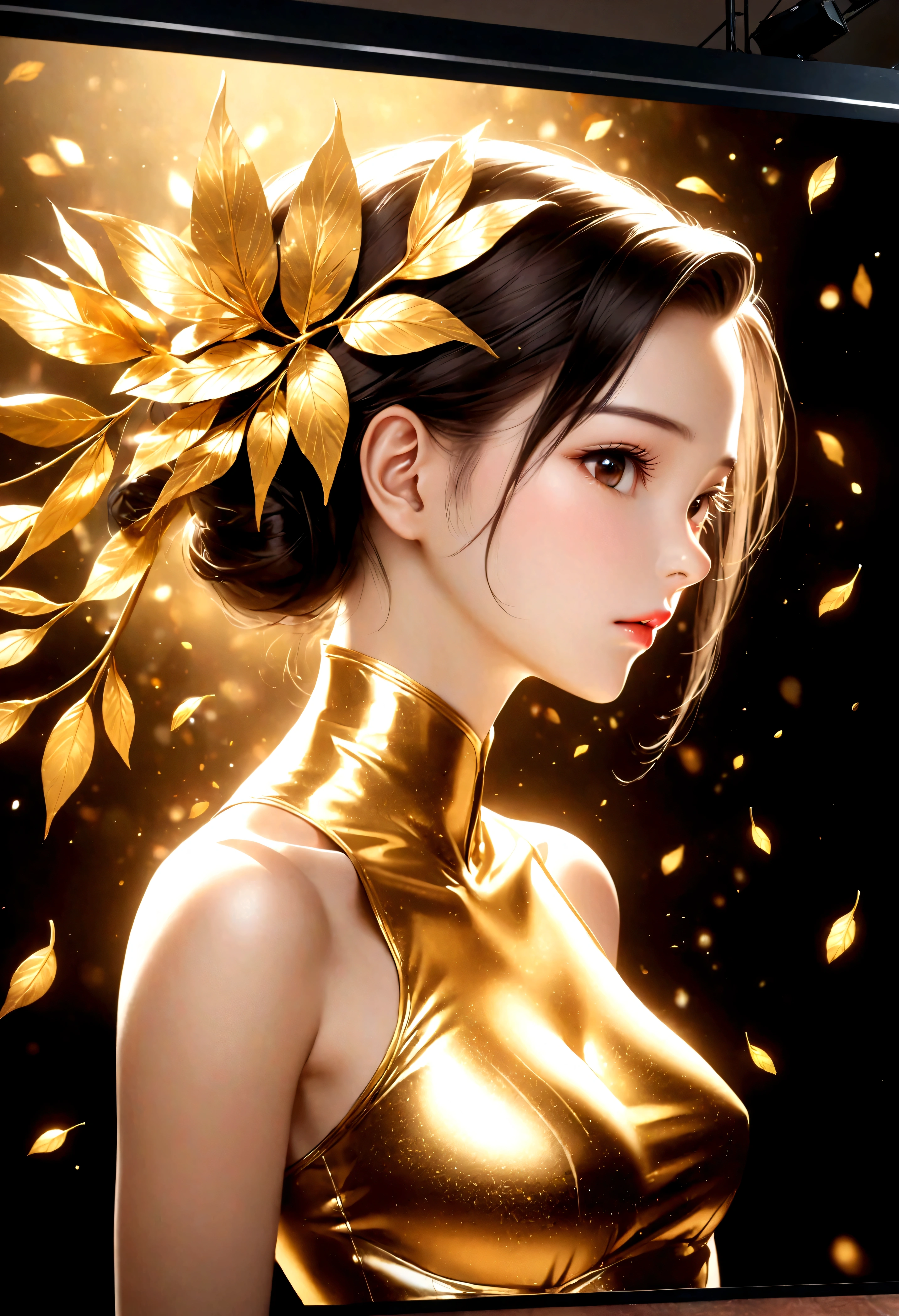 ((Masterpiece in maximum 16K resolution):1.6), ((Gold leaf art illustration:)1.5), ((Gold Leaf Art):1.4), ((Wide angle painting):1.2) | ((Gold leaf art of beautiful female illustratition:1.5), ((Supermodel beauty with aquiline nose):1.6), (Award winning art), ((sense of desire):1.1), (shimmer), (visual experience), (Realism), (Realistic), award-winning graphics, dark shot, film grain, extremely detailed, Digital Art, rtx, Unreal Engine, scene concept anti glare effect, All captured with sharp focus. Rendered in ultra-high definition with UHD and retina quality, this masterpiece ensures anatomical correctness and textured skin with super detail. With a focus on high quality and accuracy, this award-winning portrayal captures every nuance in stunning 16k resolution, immersing viewers in its lifelike depiction. Avoid extreme angles or exaggerated expressions to maintain realism. ((perfect_composition, perfect_design, perfect_layout, perfect_detail, ultra_detailed)), ((enhance_all, fix_everything)), More Detail, Enhance.