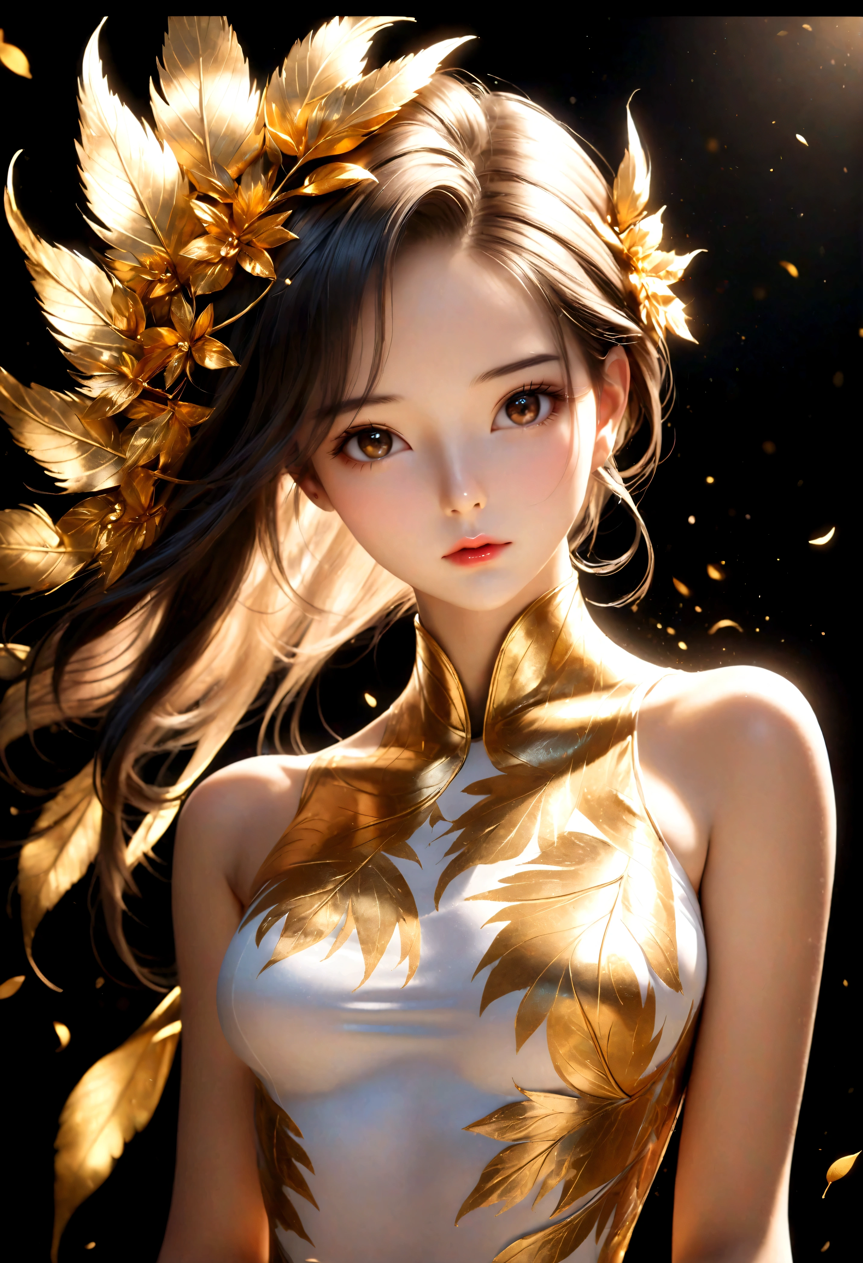 ((Masterpiece in maximum 16K resolution):1.6), ((Gold leaf art illustration:)1.5), ((Gold Leaf Art):1.4), ((Wide angle painting):1.2) | ((Gold leaf art of beautiful female illustratition:1.5), ((Supermodel beauty with aquiline nose):1.6), (Award winning art), ((sense of desire):1.1), (shimmer), (visual experience), (Realism), (Realistic), award-winning graphics, dark shot, film grain, extremely detailed, Digital Art, rtx, Unreal Engine, scene concept anti glare effect, All captured with sharp focus. Rendered in ultra-high definition with UHD and retina quality, this masterpiece ensures anatomical correctness and textured skin with super detail. With a focus on high quality and accuracy, this award-winning portrayal captures every nuance in stunning 16k resolution, immersing viewers in its lifelike depiction. Avoid extreme angles or exaggerated expressions to maintain realism. ((perfect_composition, perfect_design, perfect_layout, perfect_detail, ultra_detailed)), ((enhance_all, fix_everything)), More Detail, Enhance.
