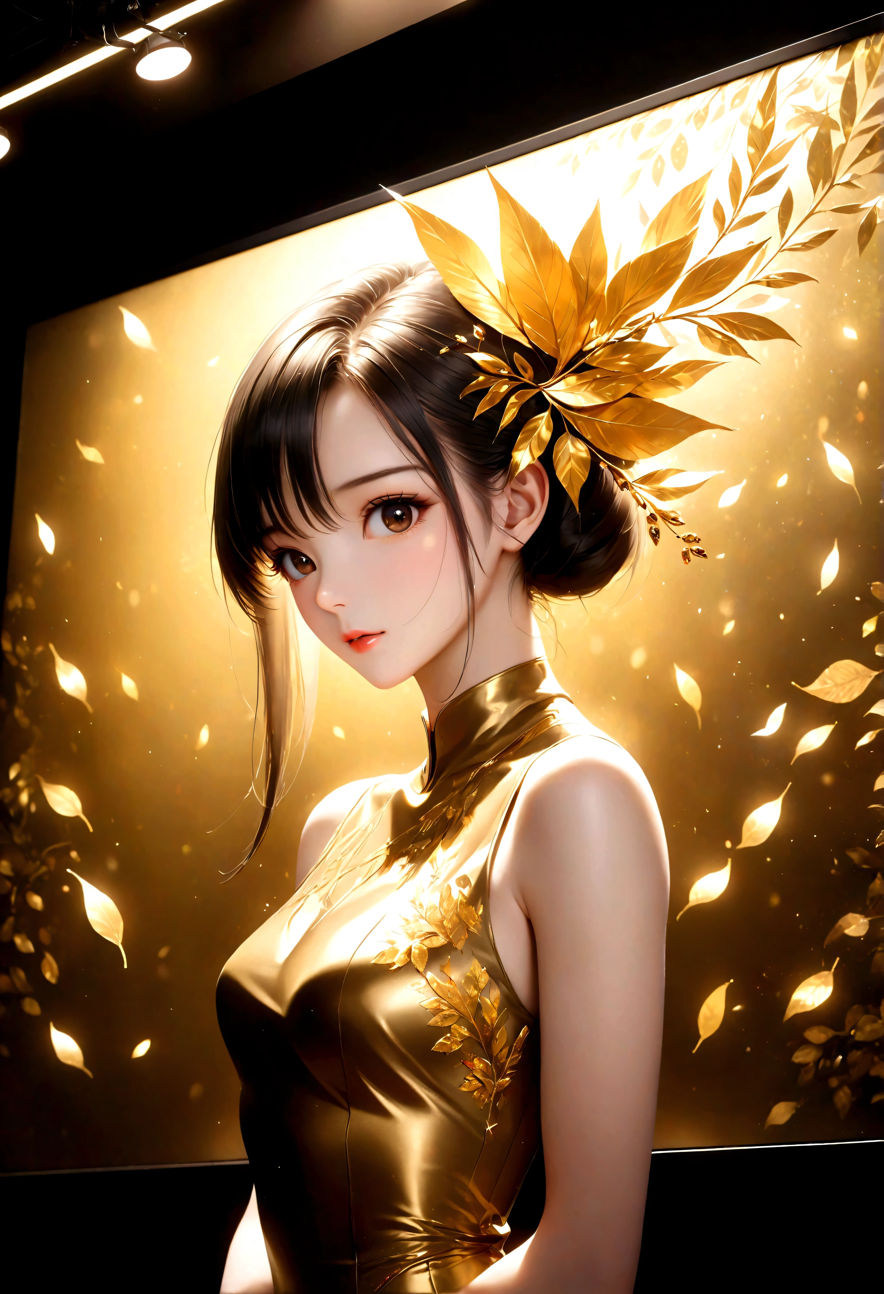 ((Masterpiece in maximum 16K resolution):1.6), ((Gold leaf art illustration:)1.5), ((Gold Leaf Art):1.4), ((Wide angle painting):1.2) | ((Gold leaf art of beautiful female illustratition:1.5), ((Supermodel beauty with aquiline nose):1.6), (Award winning art), ((sense of desire):1.1), (shimmer), (visual experience), (Realism), (Realistic), award-winning graphics, dark shot, film grain, extremely detailed, Digital Art, rtx, Unreal Engine, scene concept anti glare effect, All captured with sharp focus. Rendered in ultra-high definition with UHD and retina quality, this masterpiece ensures anatomical correctness and textured skin with super detail. With a focus on high quality and accuracy, this award-winning portrayal captures every nuance in stunning 16k resolution, immersing viewers in its lifelike depiction. Avoid extreme angles or exaggerated expressions to maintain realism. ((perfect_composition, perfect_design, perfect_layout, perfect_detail, ultra_detailed)), ((enhance_all, fix_everything)), More Detail, Enhance.