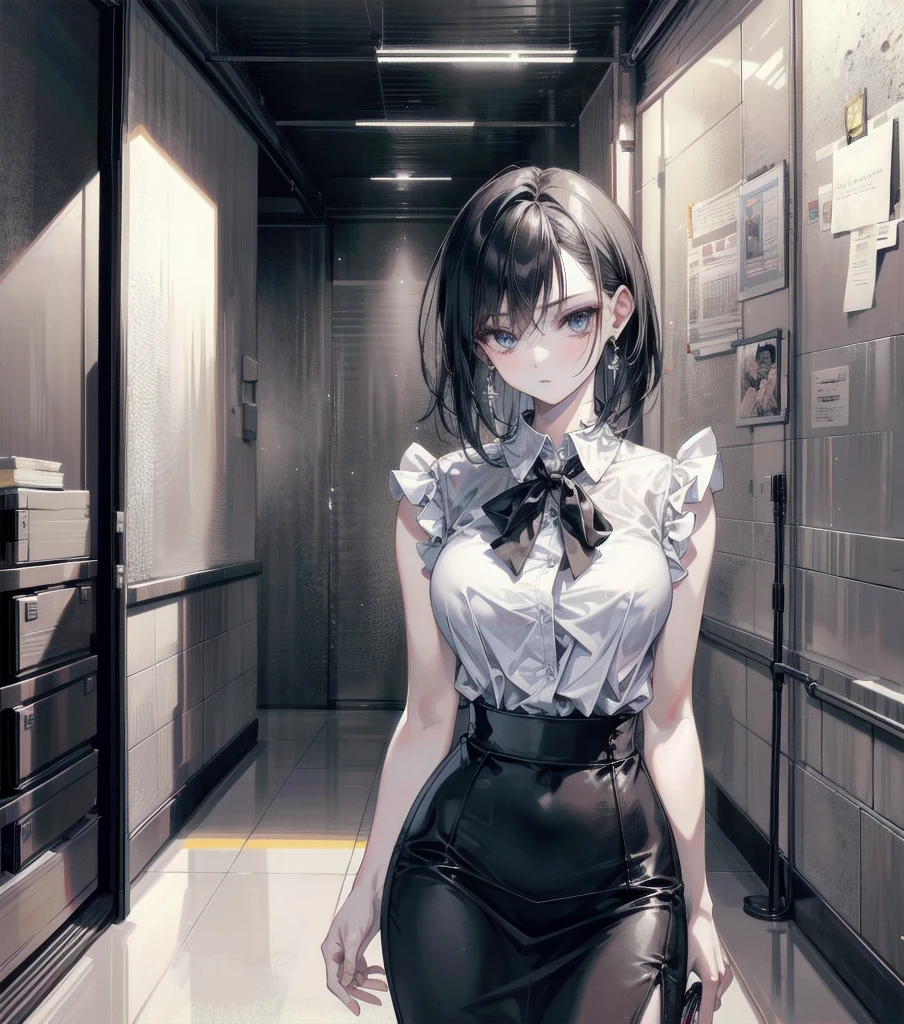 RAW photo, extremely delicate and beautiful, masterpiece, Best Quality, ultra high resolution, 16k, photorealistic, ultra detailed description, pale skin, in her 20s, whole body, medium tits, medium hair, black hair, tearful mole, earring, business suit, pencil skirt, blazer, dress shirt, tie,