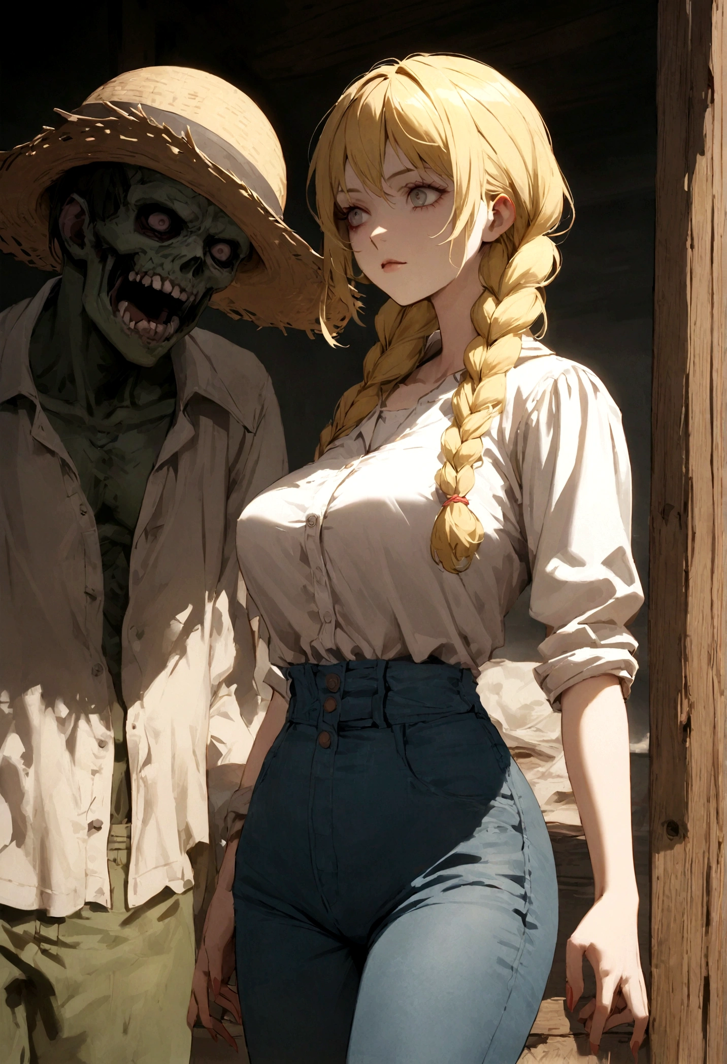 woman, large breast,farmer clothes, straw hat, cotton shirt, short jeans, double braid hair, blonde hair, exposed waist, white top, slender, zombified