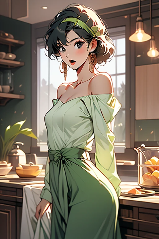 (small breasts:1.3), (perky chest:1.1), (pointed chest:1.0), (fashion magazine cover:1.3)，(from below:1.0),(from side:0.9),masterpiece, 1girl, Amazing Cleavage:1.1, thin waist, big ass, Raised sexy, small breast: 1.3, posed cleavage:1.2、solo, looking at viewer, open mouth, have a cute grass of cute beergrass,black hair, dark green eyes, dress, bare shoulders, jewelry, collarbone, sidelocks, hairband, earrings, indoors, off shoulder, :o, sweater, arms behind back, plant, short hair with long locks, gild hairband, off-shoulder dress, sweater dress, off-shoulder sweater, red sweater, dark gord hair, big side hair, very long side hair,is rendered in (masterpiece: 1.2, best quality), with (ultra high resolution) and an exquisite (depth of field). This masterpiece is not only visually stunning but also tells,A scene of cooking in the kitchen by classroom
