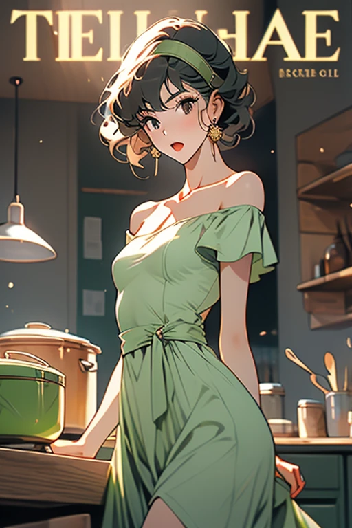 (small breasts:1.3), (perky chest:1.1), (pointed chest:1.0), (fashion magazine cover:1.3),(from below:1.0),(from side:0.9),masterpiece, 1girl, Amazing Cleavage:1.1, thin waist, big ass, Raised sexy, small breast: 1.3, posed cleavage:1.2、solo, looking at viewer, open mouth, have a cute grass of cute beergrass,black hair, dark green eyes, dress, bare shoulders, jewelry, collarbone, sidelocks, hairband, earrings, indoors, off shoulder, :o, sweater, arms behind back, plant, short hair with long locks, gild hairband, off-shoulder dress, sweater dress, off-shoulder sweater, red sweater, dark gord hair, big side hair, very long side hair,is rendered in (masterpiece: 1.2, best quality), with (ultra high resolution) and an exquisite (depth of field). This masterpiece is not only visually stunning but also tells,A scene of cooking in the kitchen by classroom