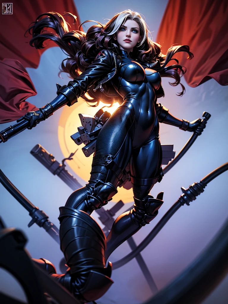 Cameron Diaz、masterpiece、High quality 4K、villain (X-Men)、Gothic Girl、Sculpted Body Gothic Makeup、Black jacket、Red and blue bodysuit、masterpiece、highest quality、Cowboy Shots、one personの女の子、one person、Technology Military Bodysuit、fringe