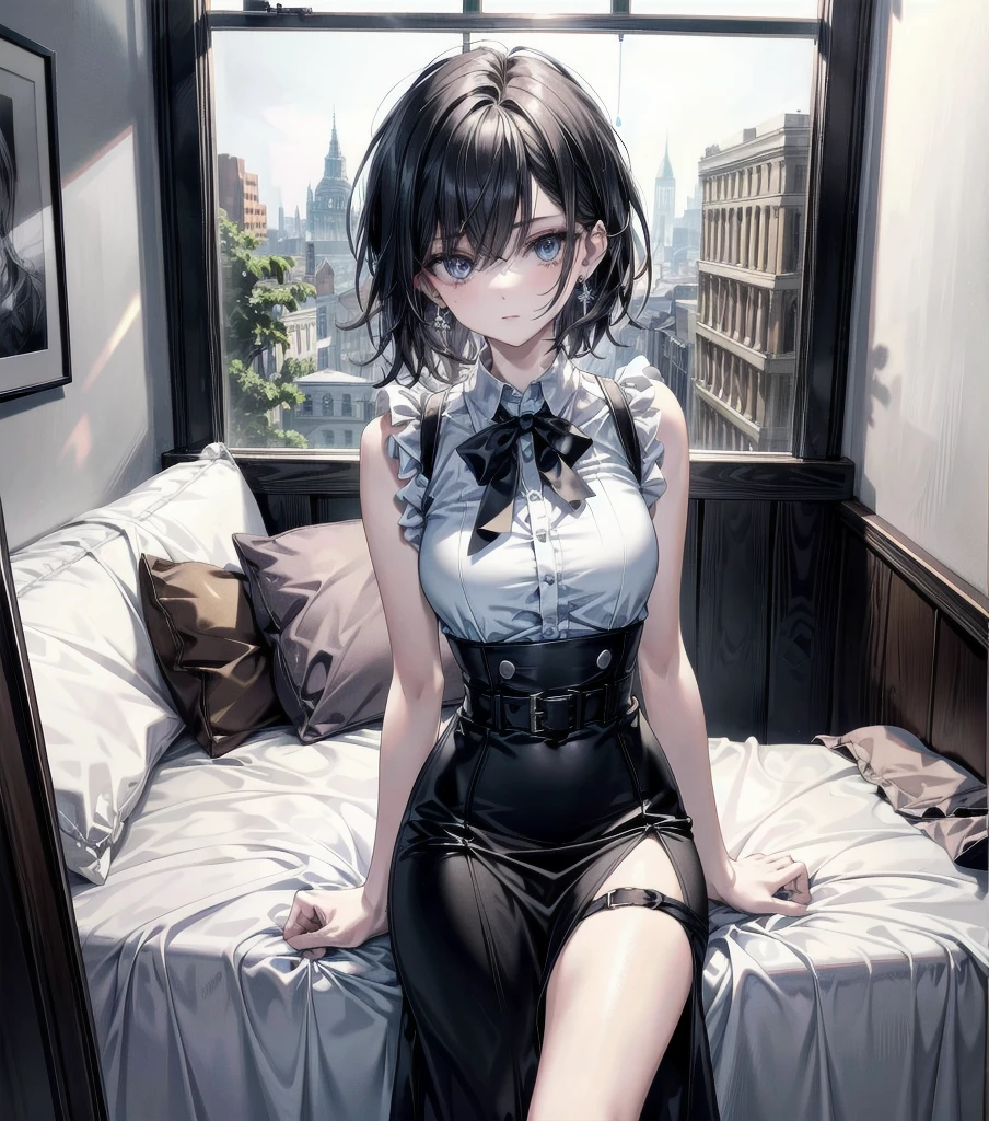 absurdres, RAW photo, extremely delicate, extremely beautiful, masterpiece, Best Quality, ultra high resolution, 32k, hyperrealistic, ultra-detailed description, perfect anatomy, correct body, ideal ratio of body proportions, pale skin, 20 years old, detailed beautiful face, detailed beautiful face eyes, tearful mole, earring, short medium hair, black hair, medium tits, full body shot, collared shirt, pencil skirt, bare arms, office,