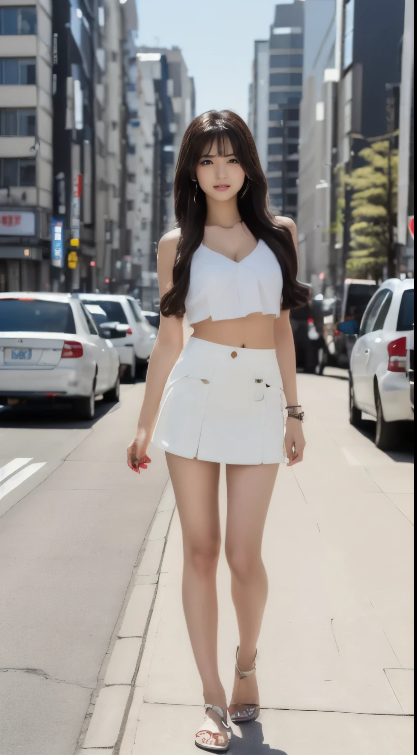 Arabian woman standing on the street wearing a short skirt and crop top, Japanese model, Japanese clothes, Reality Girls, Japanese goddess, A young and cute gravure idol, Young Gravure Idol, Set on the rooftops of Tokyo, Wearing a white skirt, Wearing a top and shorts, sakimichan hdri, Japanese, realistic Young Gravure Idol