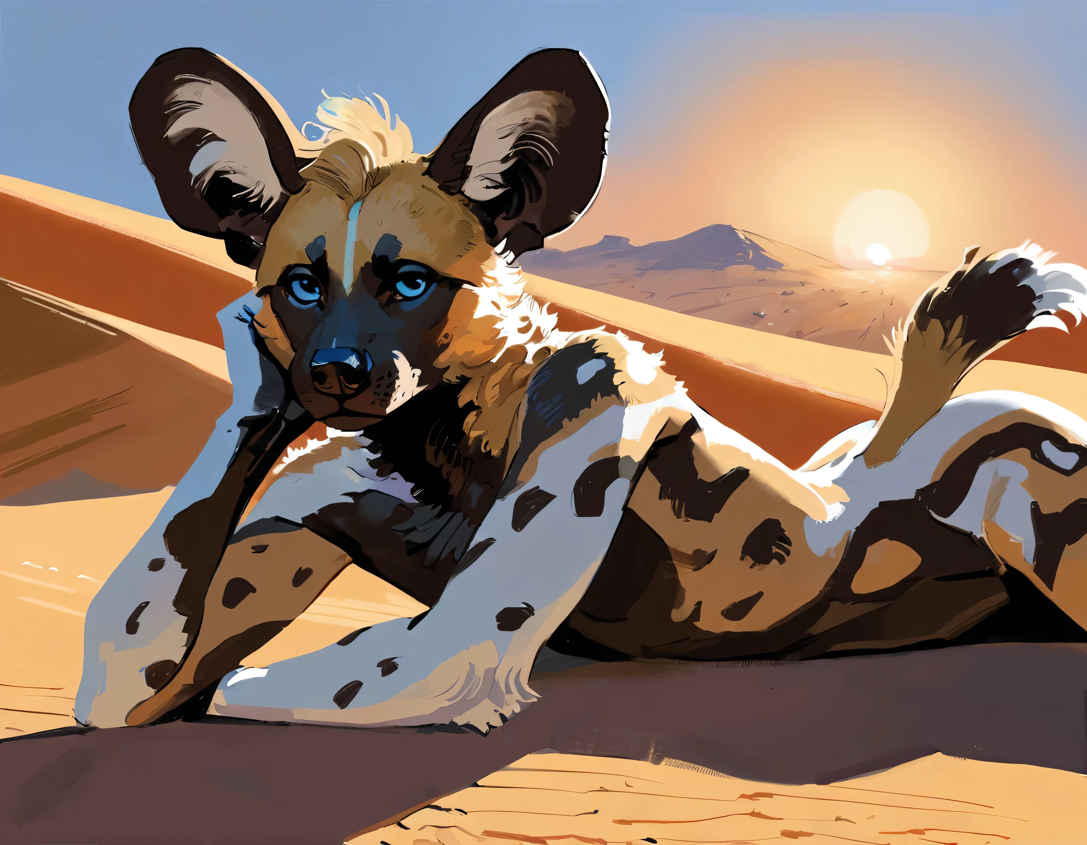 (African Wild Dog), (solo), male, anthro, (by seyorrol), (tail:1.3), (perfect hands), ((intricate detailed background, sahara desert background, dusk)), powerful silhouette, mysterious shadows), realistic shading, (epic, masterpiece, high quality, 8k, ultra HD, absurd res, top quality, best quality, max quality, masterpiece), ((thick fur, (feminine body), submissive, shy)), correct anatomy:1.2, sexy, (laying on belly, looking at viewer), blue eyes,