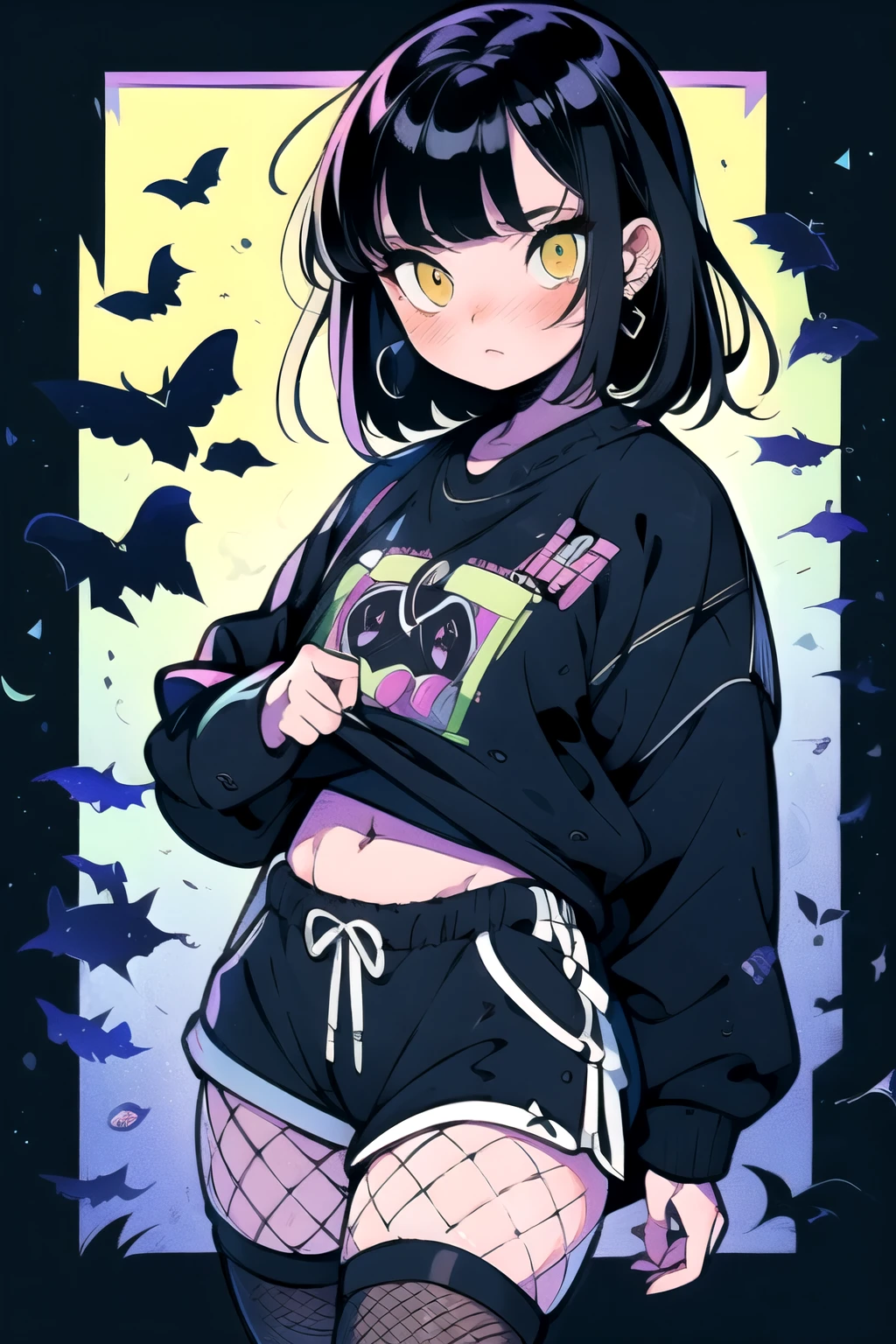 a girl with yellow eyes and medium length black hair, wearing a cropped oversized sweatshirt, fishnet stockings, and shorts, ((protruding))