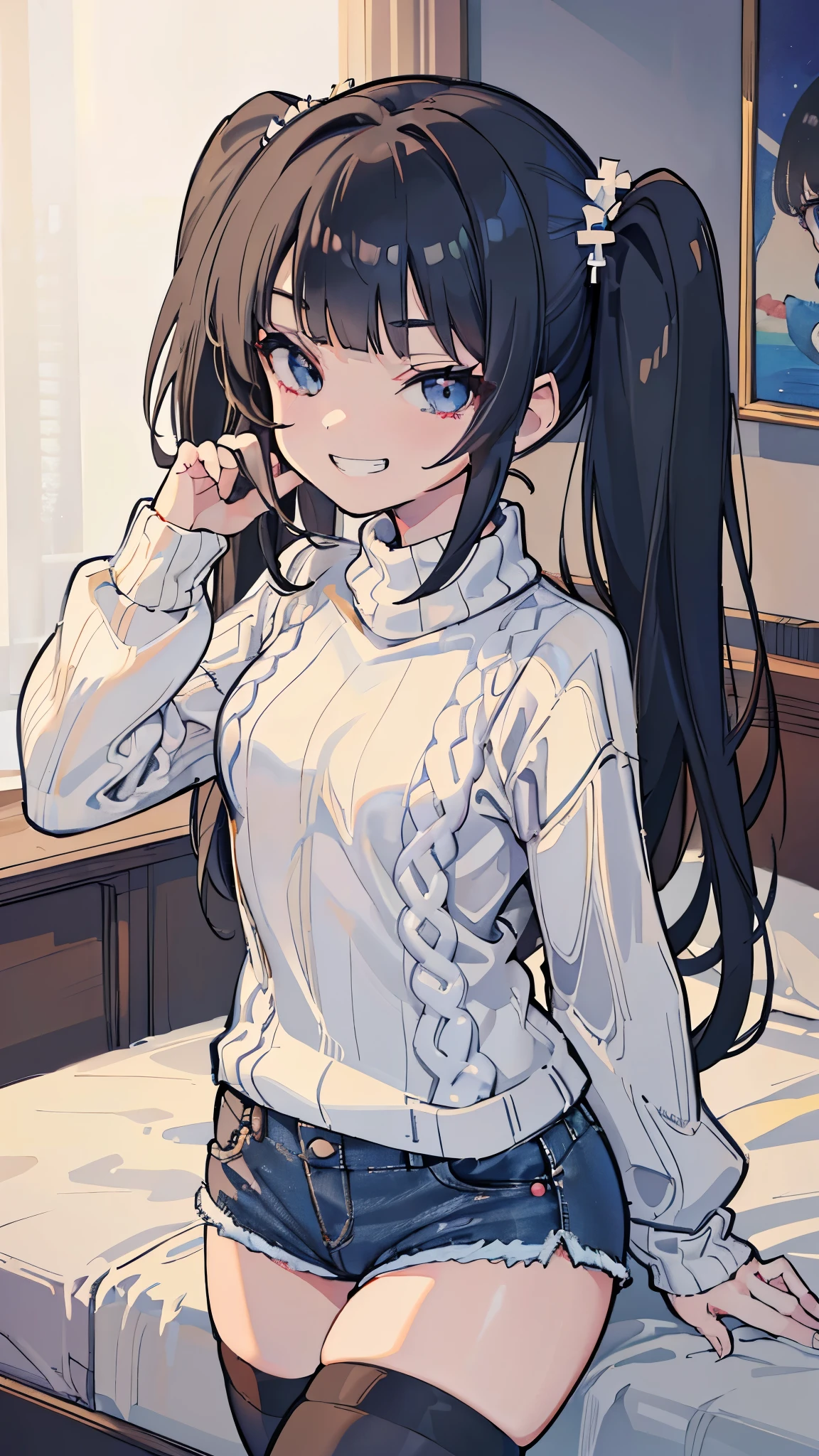 (8k、Best image quality、highest quality、masterpiece)、Detailed face、One girl、Black Hair、Long Hair、twintails、blunt bangs、Grey Eyes、evil smile、((Grin))、Small breasts、((white sweater))、((denim short shorts))、thighhighs、Cowboy Shot、Bedroom Background