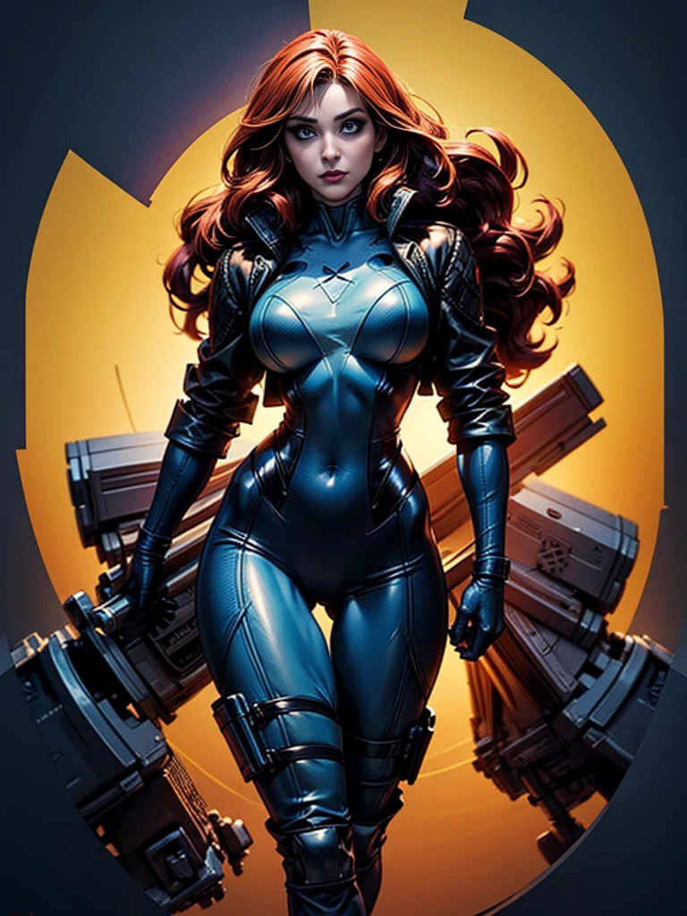 Bryce Dallas Howard、masterpiece、High quality 4K、villain (X-Men)、Gothic Girl、Sculpted Body Gothic Makeup、Black jacket、Red and blue bodysuit、masterpiece、highest quality、Cowboy Shots、one personの女の子、one person、Technology Military Bodysuit、fringe