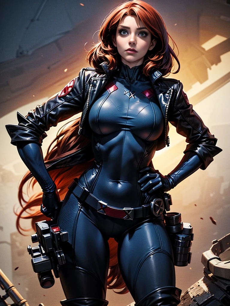 Bryce Dallas Howard、masterpiece、High quality 4K、villain (X-Men)、Gothic Girl、Sculpted Body Gothic Makeup、Black jacket、Red and blue bodysuit、masterpiece、highest quality、Cowboy Shots、one personの女の子、one person、Technology Military Bodysuit、fringe
