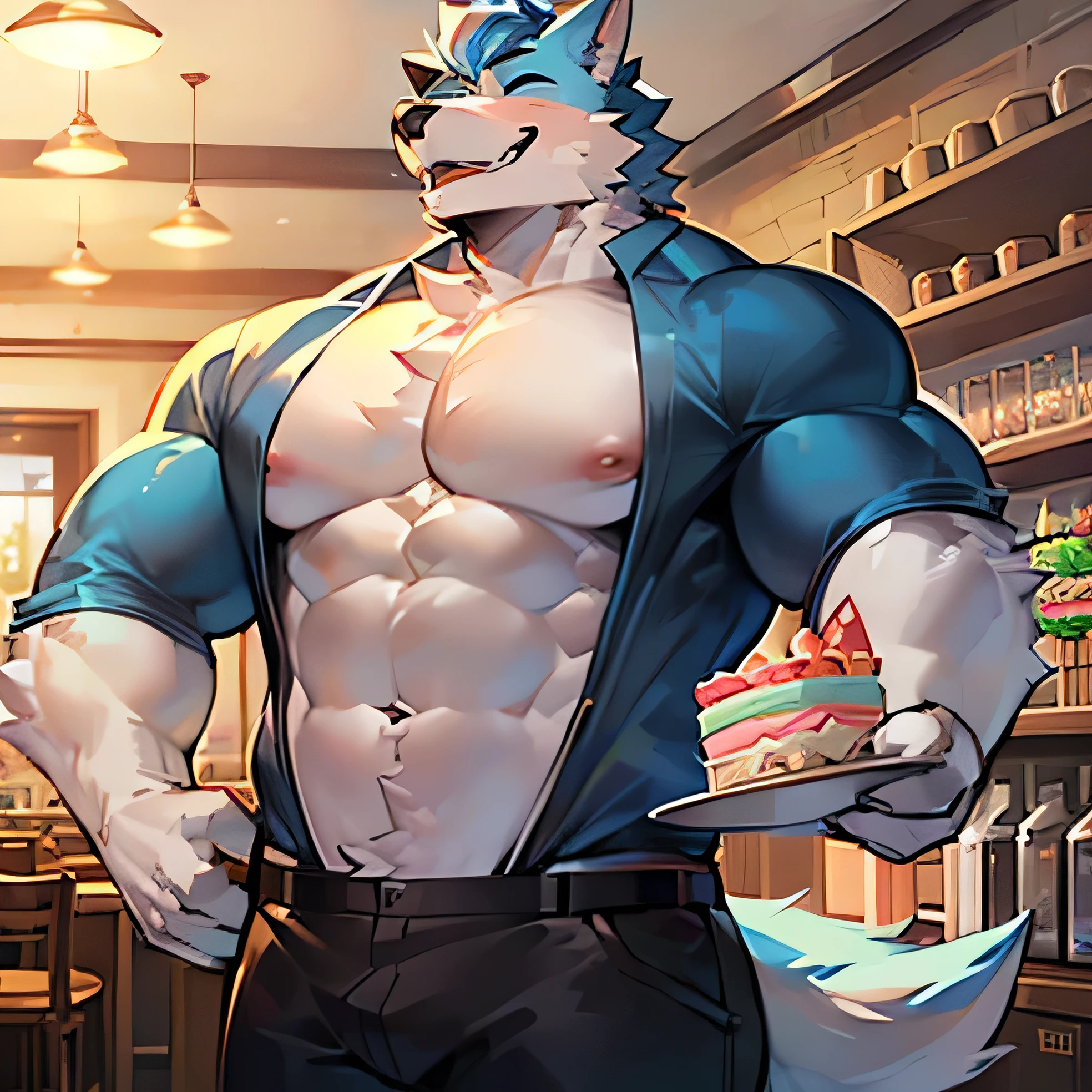 (individual:1.6)，Wolf orcs，Light blue hair，Wear casual clothes，abdominal muscles，cute，Laugh with eyes closed，in cafe，Eating cake, huge muscular biceps