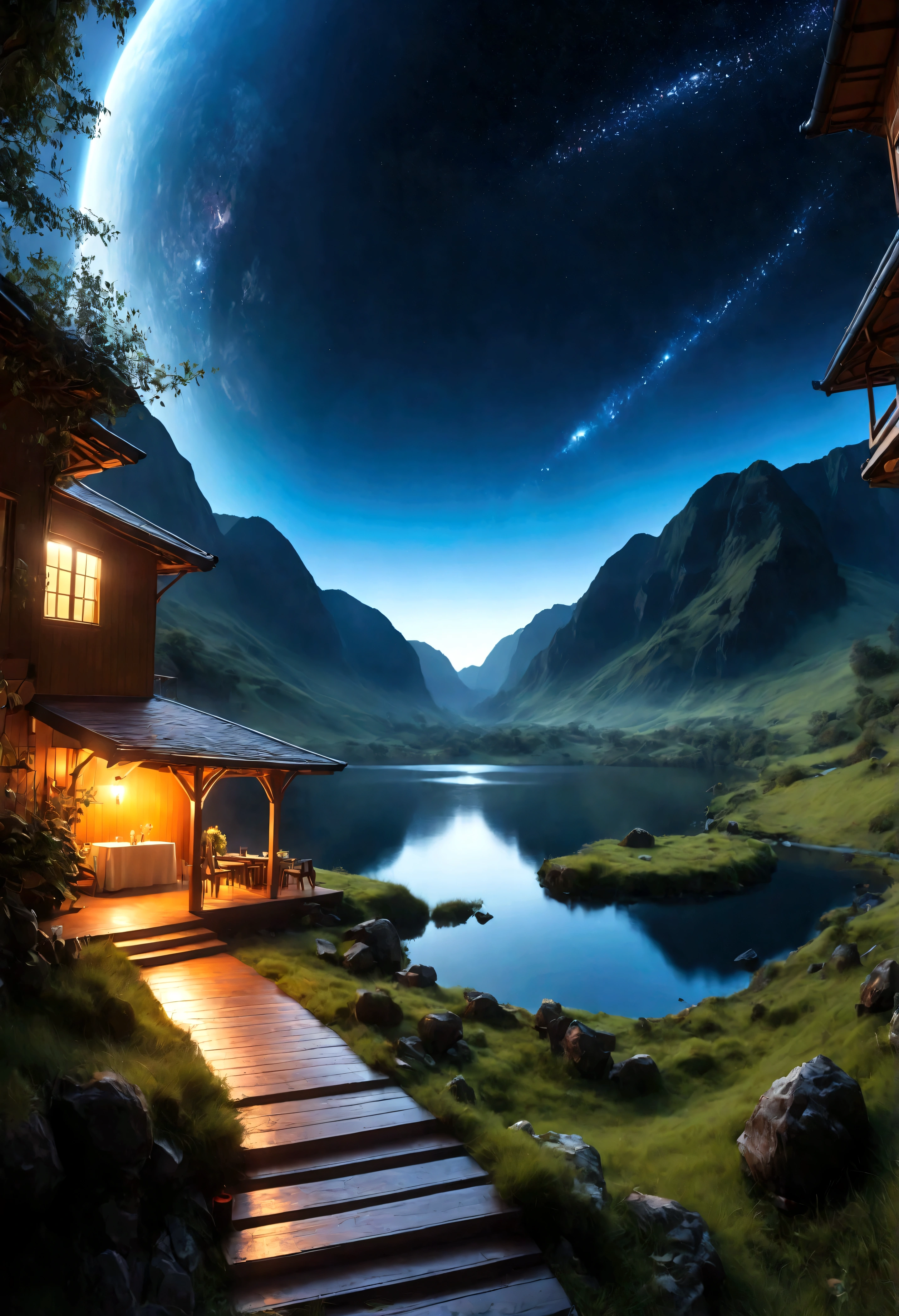 ((Masterpiece in maximum 16K resolution):1.6),((soft_color_photograpy:)1.5), ((Ultra-Detailed):1.4),((Movie-like still images and dynamic angles):1.3), ((Ultra wide angle):1.5),((fisheye lens photo):1.3). | (Cinematic photo of Alien Planet Landscape), (Nearby Moons with visible lakes), (magical vegetations), ((tyndall effect):1.1), ((exotic night sky):1.2), ((sense of discovery):1.1), (shimmer), (visual experience), (Realism), (Realistic), award-winning graphics, dark shot, film grain, extremely detailed, Digital Art, rtx, Unreal Engine, scene concept anti glare effect, All captured with sharp focus. Rendered in ultra-high definition with UHD and retina quality, this masterpiece ensures super detail. With a focus on high quality and accuracy, this award-winning portrayal captures every nuance in stunning 16k resolution, immersing viewers in its lifelike depiction. ((perfect_composition, perfect_design, perfect_layout, perfect_detail, ultra_detailed)), ((enhance_all, fix_everything)), More Detail, Enhance.