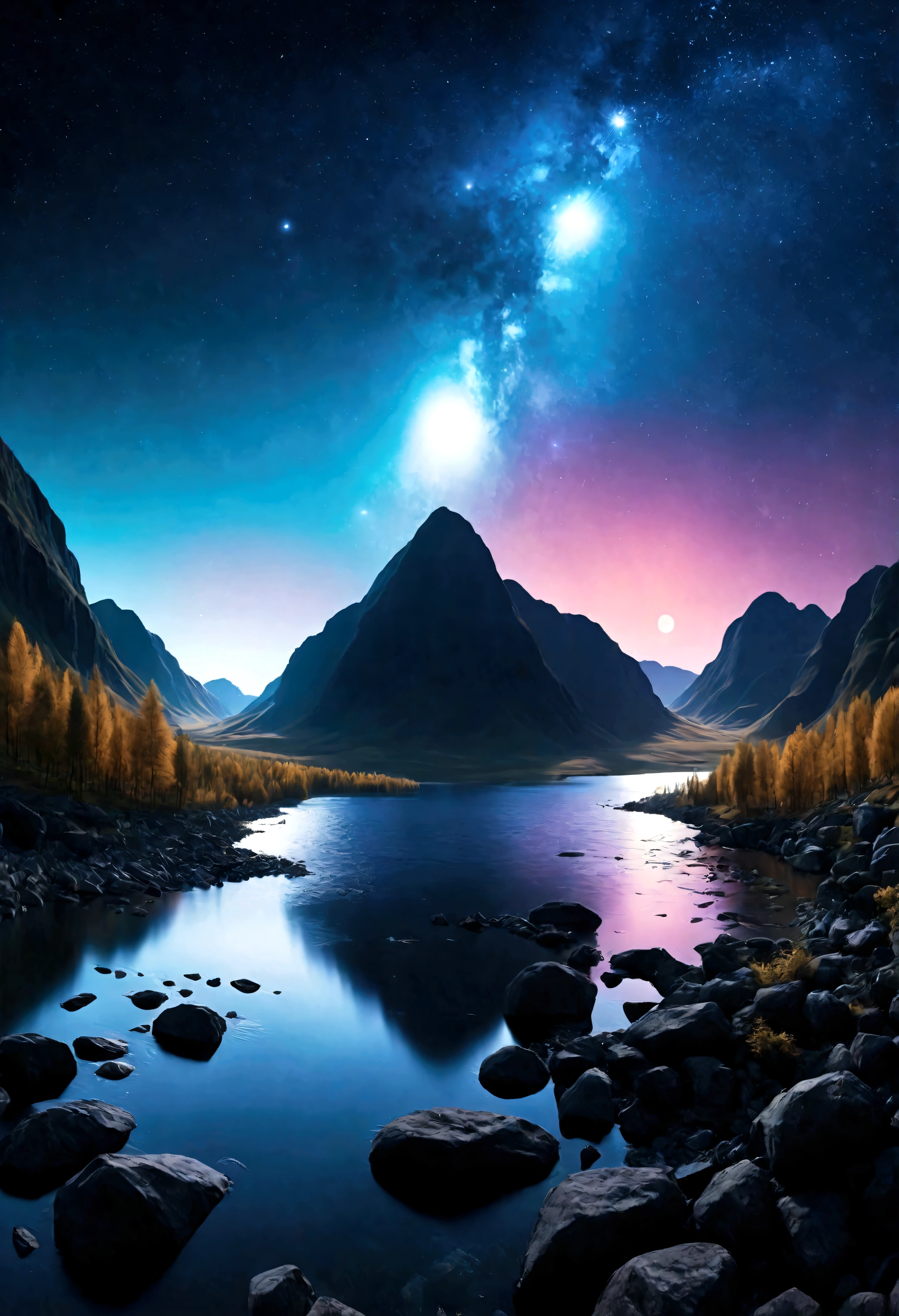 ((Masterpiece in maximum 16K resolution):1.6),((soft_color_photograpy:)1.5), ((Ultra-Detailed):1.4),((Movie-like still images and dynamic angles):1.3), ((Ultra wide angle):1.5),((fisheye lens photo):1.3). | (Cinematic photo of Alien Planet Landscape), (Nearby Moons with visible lakes), (magical vegetations), ((tyndall effect):1.1), ((exotic night sky):1.2), ((sense of discovery):1.1), (shimmer), (visual experience), (Realism), (Realistic), award-winning graphics, dark shot, film grain, extremely detailed, Digital Art, rtx, Unreal Engine, scene concept anti glare effect, All captured with sharp focus. Rendered in ultra-high definition with UHD and retina quality, this masterpiece ensures super detail. With a focus on high quality and accuracy, this award-winning portrayal captures every nuance in stunning 16k resolution, immersing viewers in its lifelike depiction. ((perfect_composition, perfect_design, perfect_layout, perfect_detail, ultra_detailed)), ((enhance_all, fix_everything)), More Detail, Enhance.