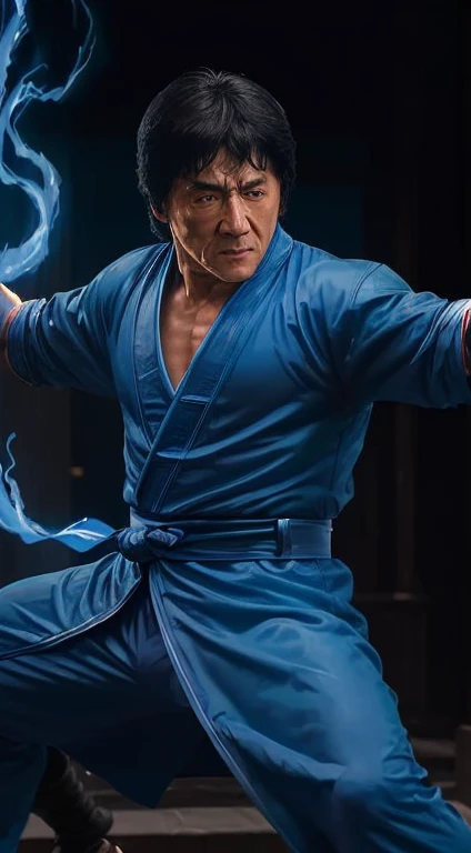 actor ((Jackie Chan)) Ocean,((has a blue aura)),((Fighting Pose)),Tsung, Mortal Kombat, ((old)), spooky, ((beard)), Dark blue long robe, Green transparent soul on background, complicated, High detail, Sharp focus, dramatic, Photorealistic Paintings by Greg Rutkowski, Being drunk, Kick,