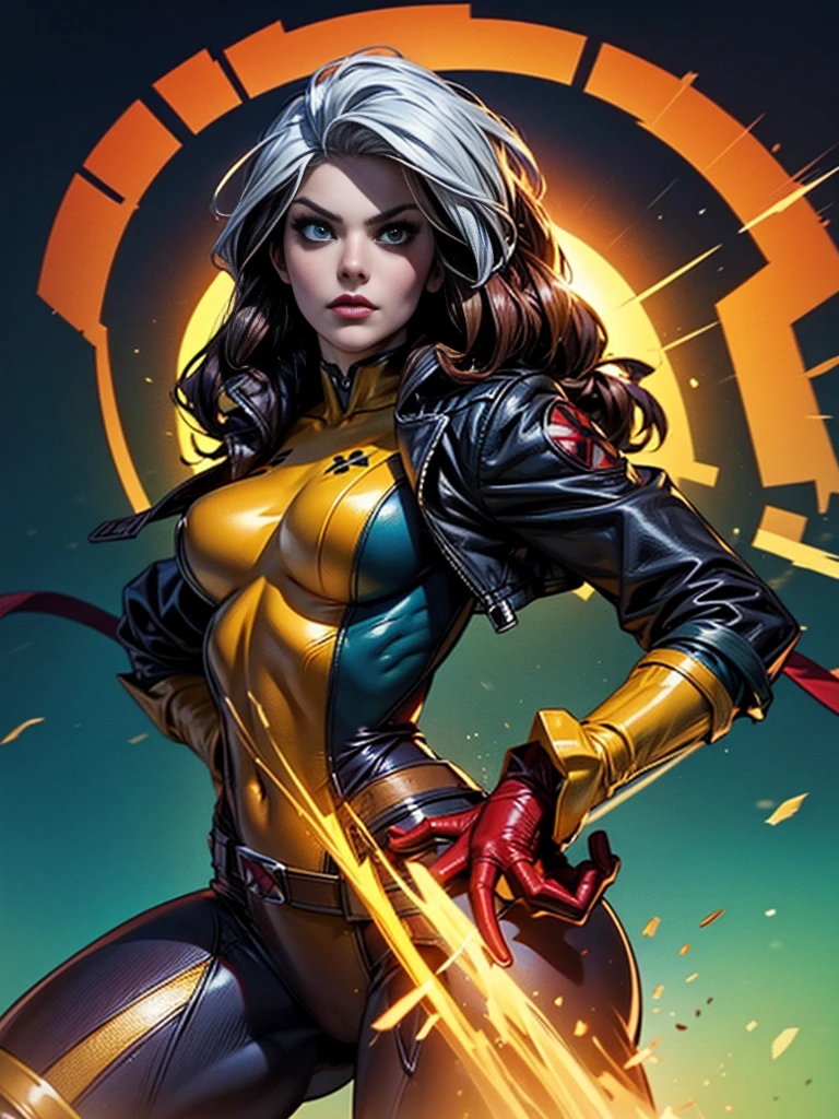 Elisha Cuthbert、masterpiece、High quality 4K、villain (X-Men)、Gothic Girl、Sculpted Body Gothic Makeup、Black jacket、Red and blue bodysuit、masterpiece、highest quality、Cowboy Shots、one personの女の子、one person、Technology Military Bodysuit、fringe