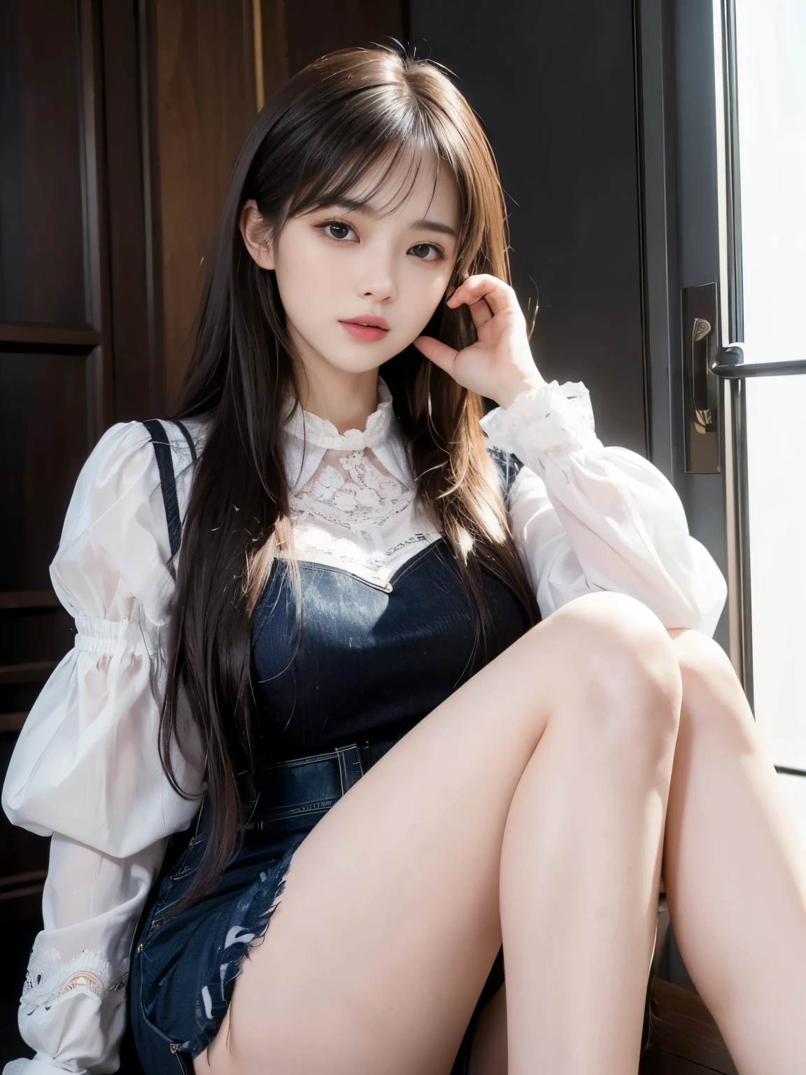 ((Realistic lighting, highest quality, 8k, masterpiece:1.3)), (Lock focus:1.2), 1 girl, Beautiful woman with perfect figure:1.4, : Beautiful Korean Girl, K-Pop Idols,Leg Length,(Pale skin), (Big eyes),(smile:0.8),(Plump, sexy lips), Complex and elaborate face, ((Very delicate skin)),Delicate face,Ultra-thin face,Narrow eyes,double eyelid,((Dark brown long hair、bangs)), (White lace puff sleeves:1.4),Background: Shibuya cityscape,Emphasize,Ultra-thin face,Narrow eyes,double eyelid,(Let's start from the bottom:1.manner,(Mid-chest:1.2),Sexy long legs, (Thigh Gap:1.5),Wide Hips,S-shaped body, Lifted my butt,Leg Length,(((Skinny denim pants))),Photographed from the front,Over-the-knee leather boots,