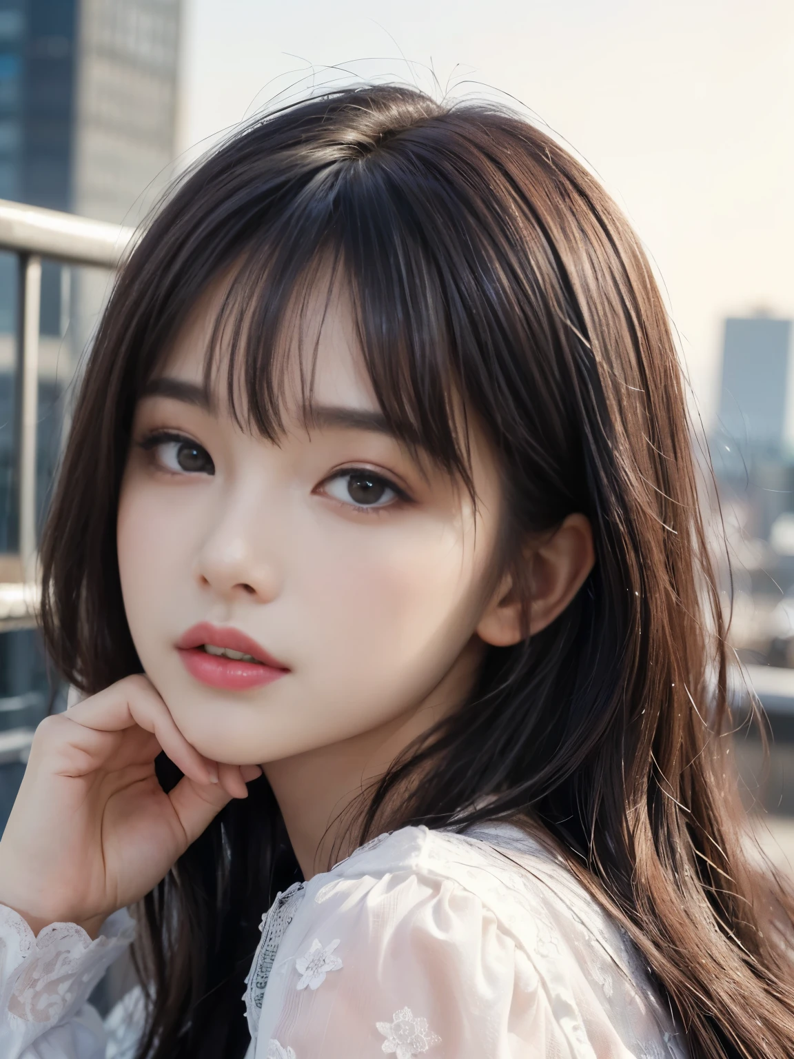 ((Realistic lighting, highest quality, 8k, masterpiece:1.3)), (Lock focus:1.2), 1 girl, Beautiful woman with perfect figure:1.4, : Beautiful Korean Girl, K-Pop Idols,Leg Length,(Pale skin), (Big eyes),(smile:0.8),(Plump, sexy lips), Complex and elaborate face, ((Very delicate skin)),Delicate face,Ultra-thin face,Narrow eyes,double eyelid,((Dark brown long hair、bangs)), (White lace puff sleeves:1.4),Background: Shibuya cityscape,Emphasize,Ultra-thin face,Narrow eyes,double eyelid,(Let's start from the bottom:1.manner,(Mid-chest:1.2),Sexy long legs, (Thigh Gap:1.5),Wide Hips,S-shaped body, Lifted my butt,Leg Length,(((Skinny denim pants))),Photographed from the front,Over-the-knee leather boots,