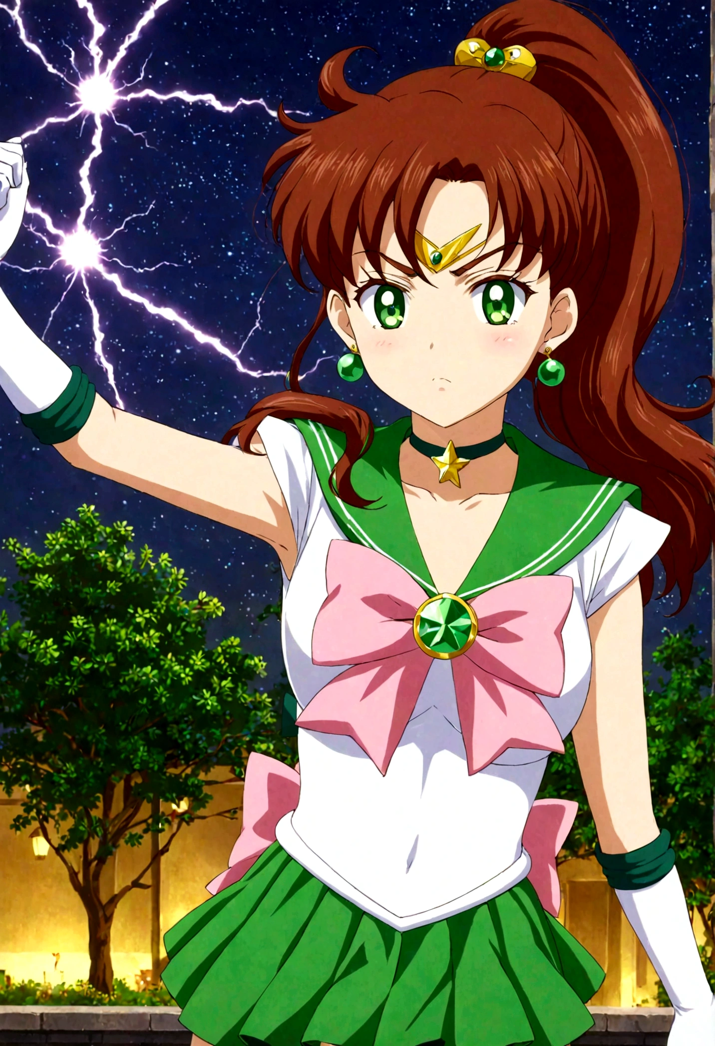 Sailor Jupiter bringing the thunder! masterpiece, best quality, 1girl, solo, looking at viewer, facing viewer, night, anime screencap,1990s \(style\), (art by Naoko Takeuchi), EPsmSailorJupiter, green eyes, brown hair, long hair, ponytail, hair ornament, hair bobbles, brooch, heart brooch, jewelry, tiara, choker, green choker, star choker, skirt, green skirt, pleated skirt, bow, back bow,  pink bow,  gloves, white gloves, elbow gloves, earrings, sailor collar, star (symbol), green sailor collar, sailor senshi uniform, cleavage, angry face, fighting, lighting bolts being her