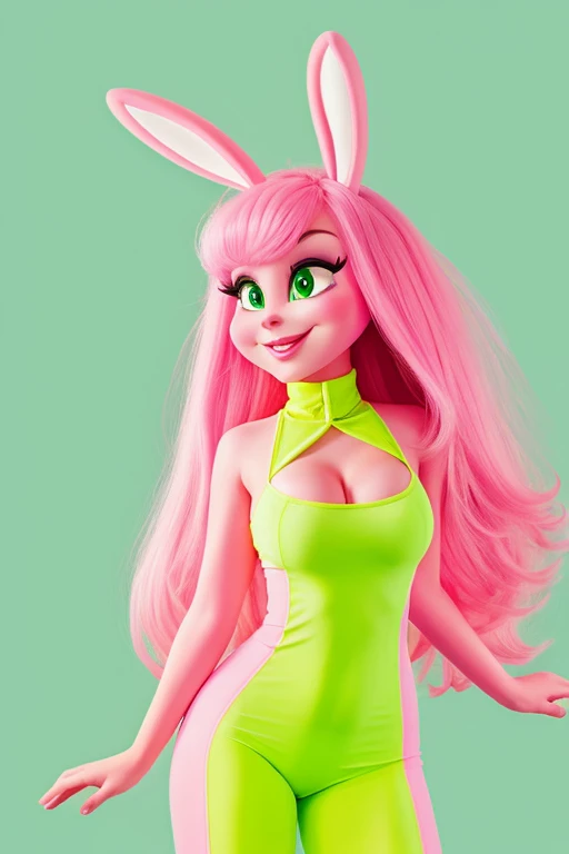 Create a female OC with the physical appearance of a pink and fluorescent green anthropomorphic rabbit like a cartoon.