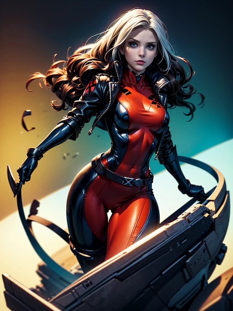 Kristen Bell、masterpiece、High quality 4K、villain (X-Men)、Gothic Girl、Sculpted Body Gothic Makeup、Black jacket、Red and blue bodysuit、masterpiece、highest quality、Cowboy Shots、one personの女の子、one person、Technology Military Bodysuit、fringe