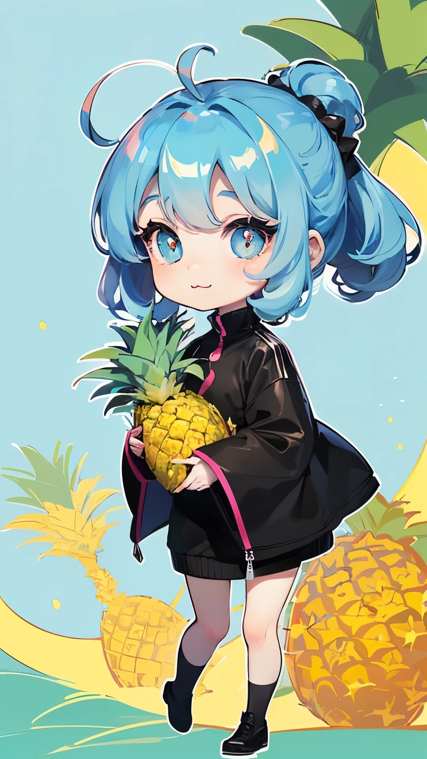 ((style:Colored pencil,pale colour)),(Chibi animation、masterpiece、Different world、Colored pencilで描かれた:1.4)、(Chibi Body、Small face、Cute all over、Light blue hair color, Short chignon hair:1.4),(eye shadow, Eyeliner:1.2),(Highly detailed eyes、Light blue eyes、The space between the eyes is narrow、Soft breast swelling、Gloss Lip、Very sharp outline、 :3, Ahoge, Symbol-shaped pupil、Very thin legs)、(Big fresh pineapple:1.4)、(Hero's Swimsuit、Hug the pineapple、Cute ribbon:1.5),(Japanese architecture,Eyes Wide Open:1.3)