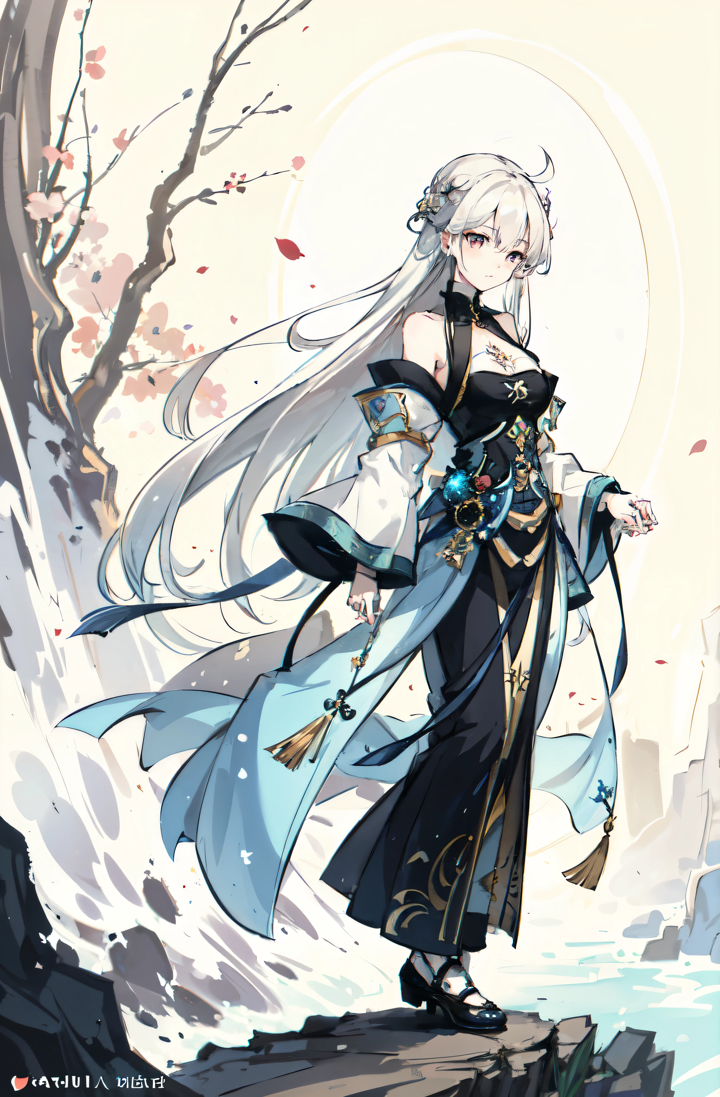 ((4k,Obra de arte,melhor qualidade)), full body,creek landscape, woman with white hair, blindfold, beautiful character painting, guweiz, artwork in the style of guweiz, white haired deity, by Yang J, epic exquisite character art, stunning character art, by Fan Qi, by Wuzhun Shifan, guweiz on pixiv artstation, beautiful face, beautiful eyes, good hands
