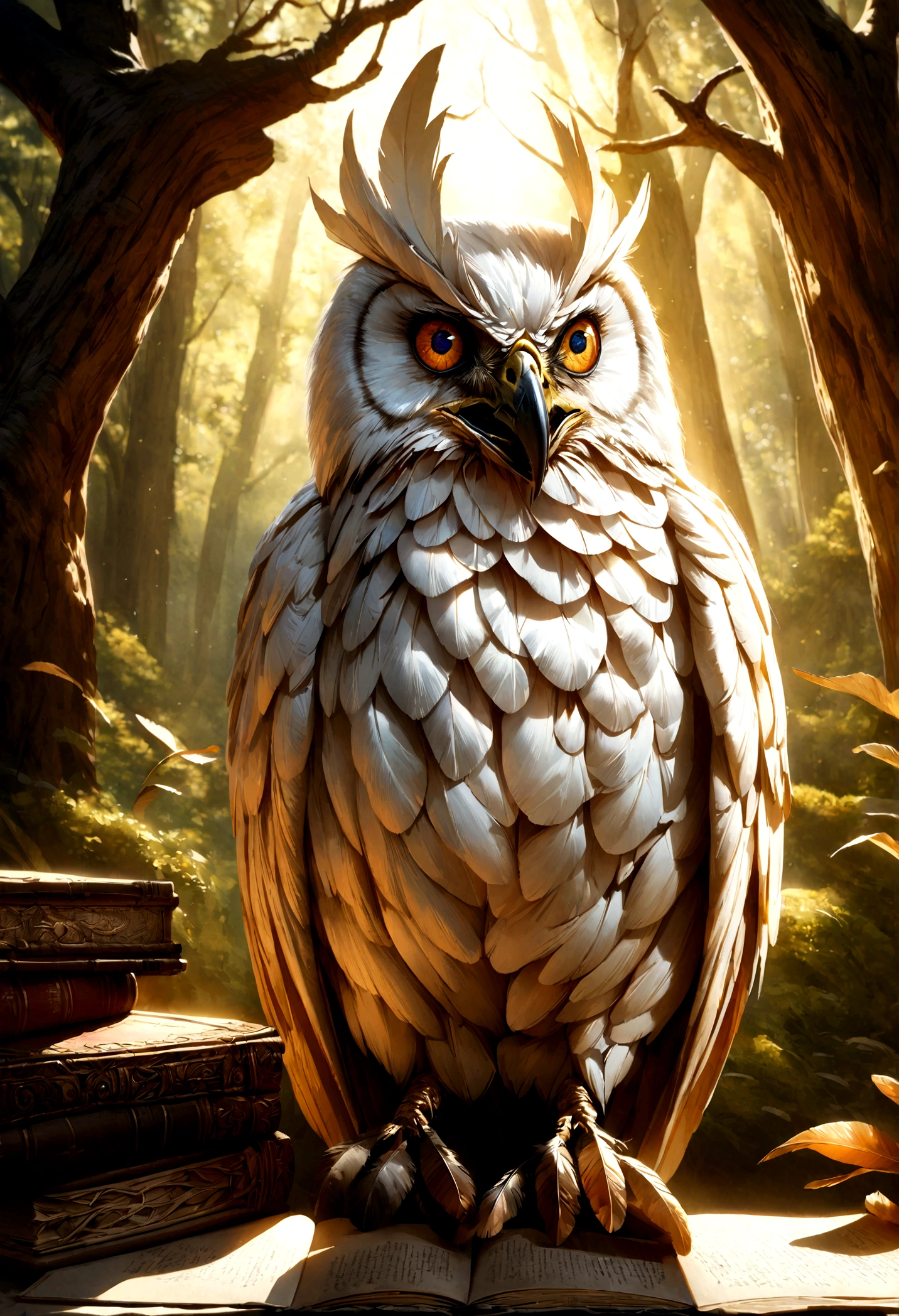 a white owl with brown spots, extremely detailed, highly detailed, photorealistic, hyperrealistic, detailed eyes, detailed beak, detailed feathers, detailed tree branch, old book, forest background, intricate details, cinematic lighting, dramatic shadows, colors warm, golden hourly lighting